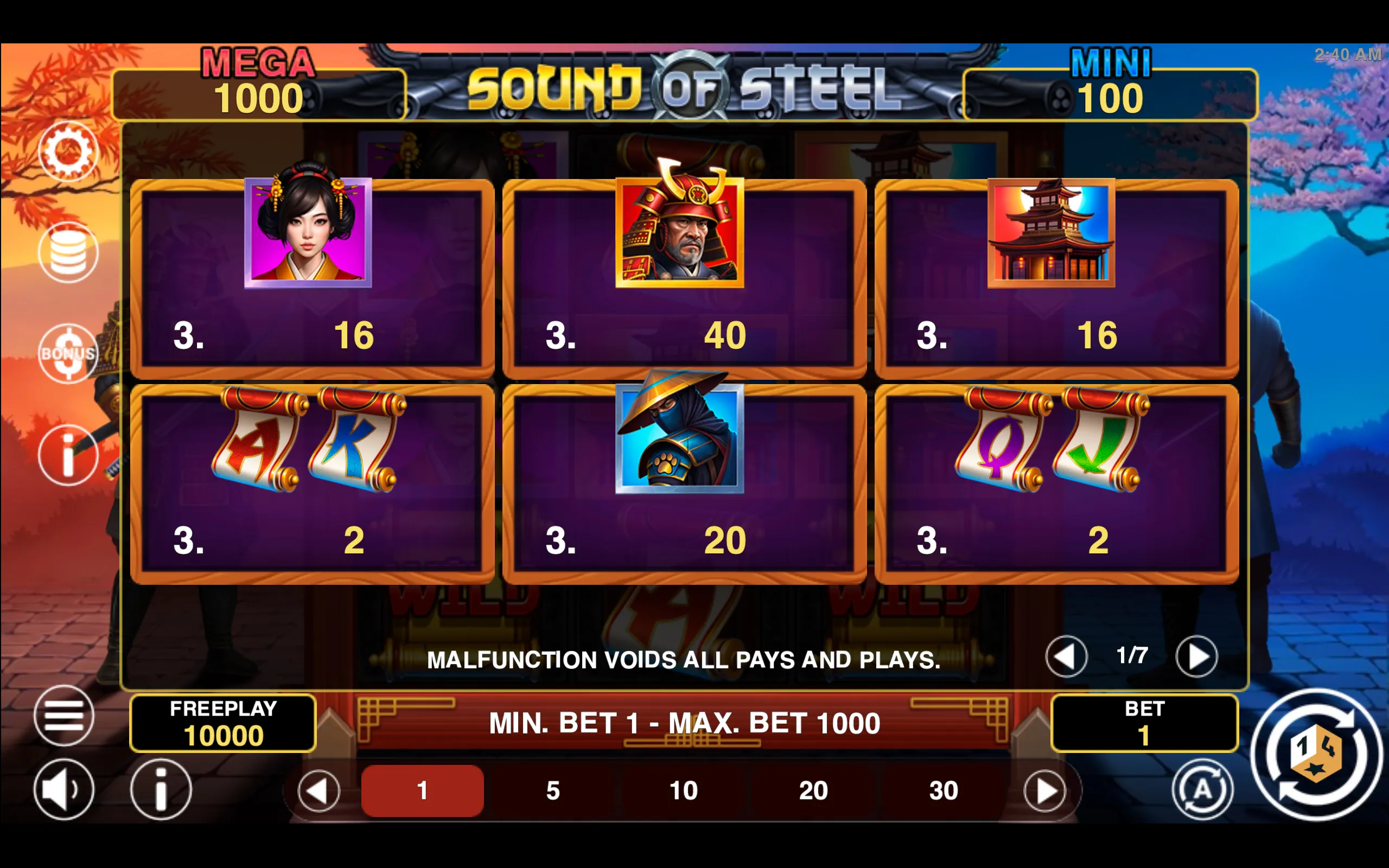 Sound of Steel Hold & Win paytable page 1 with symbol payouts