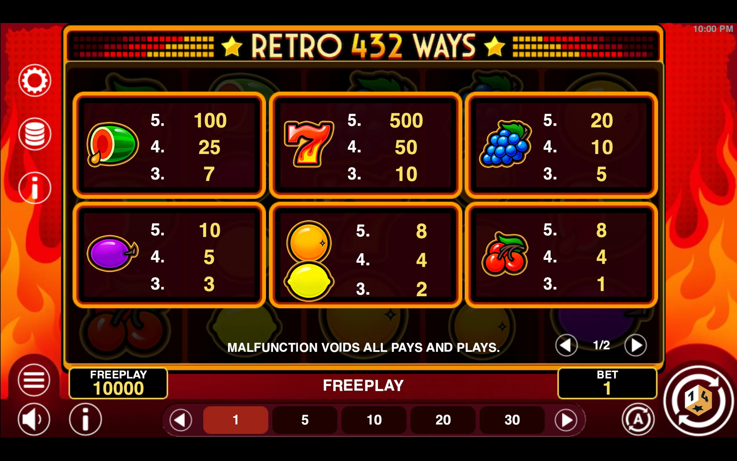 Retro 432 Ways paytable page 1 with symbol payouts