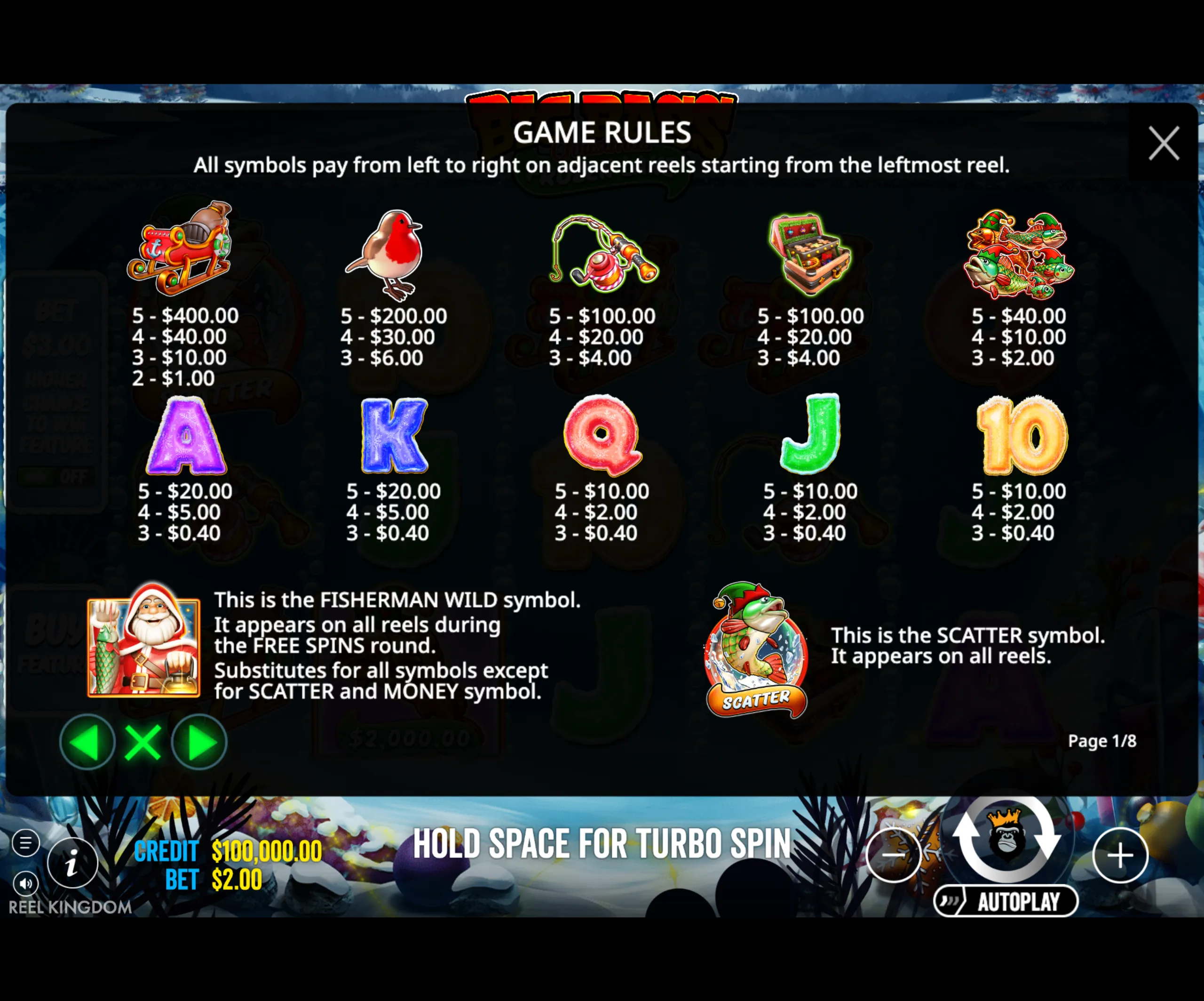 Big Bass Christmas - Frozen Lake slot game paytable showing festive fishing-themed symbols with corresponding payouts and special wild and scatter symbols.