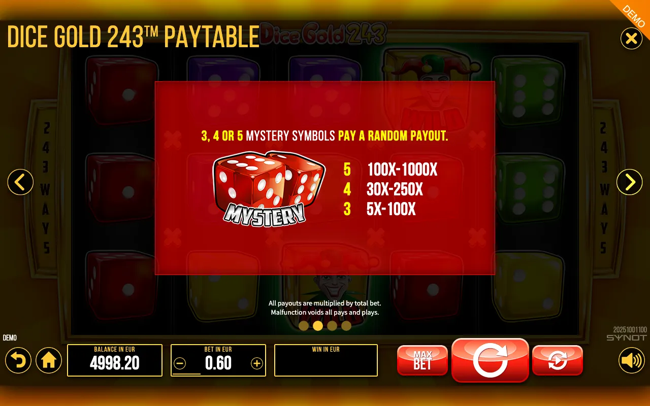 Dice Gold 243 paytable page 1 with symbol payouts