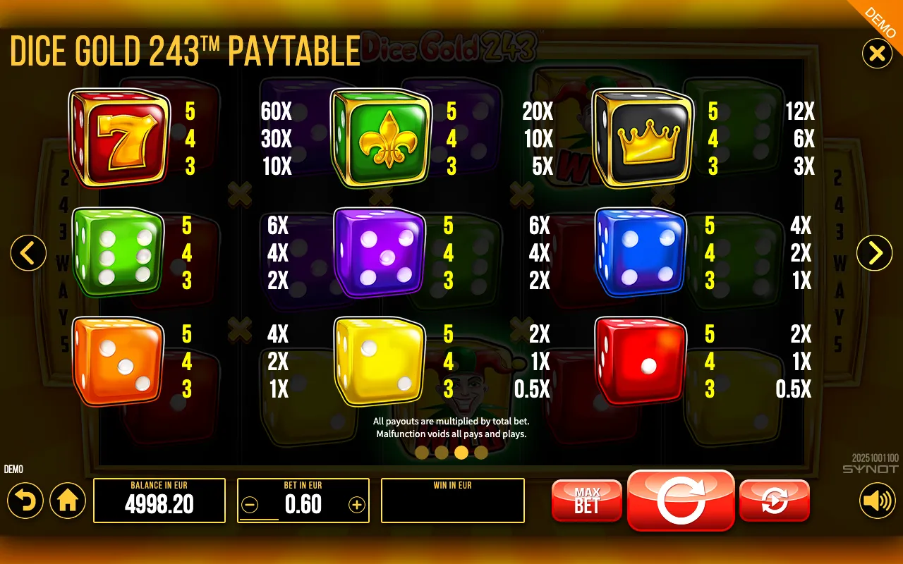 Dice Gold 243 paytable page 2 with symbol payouts