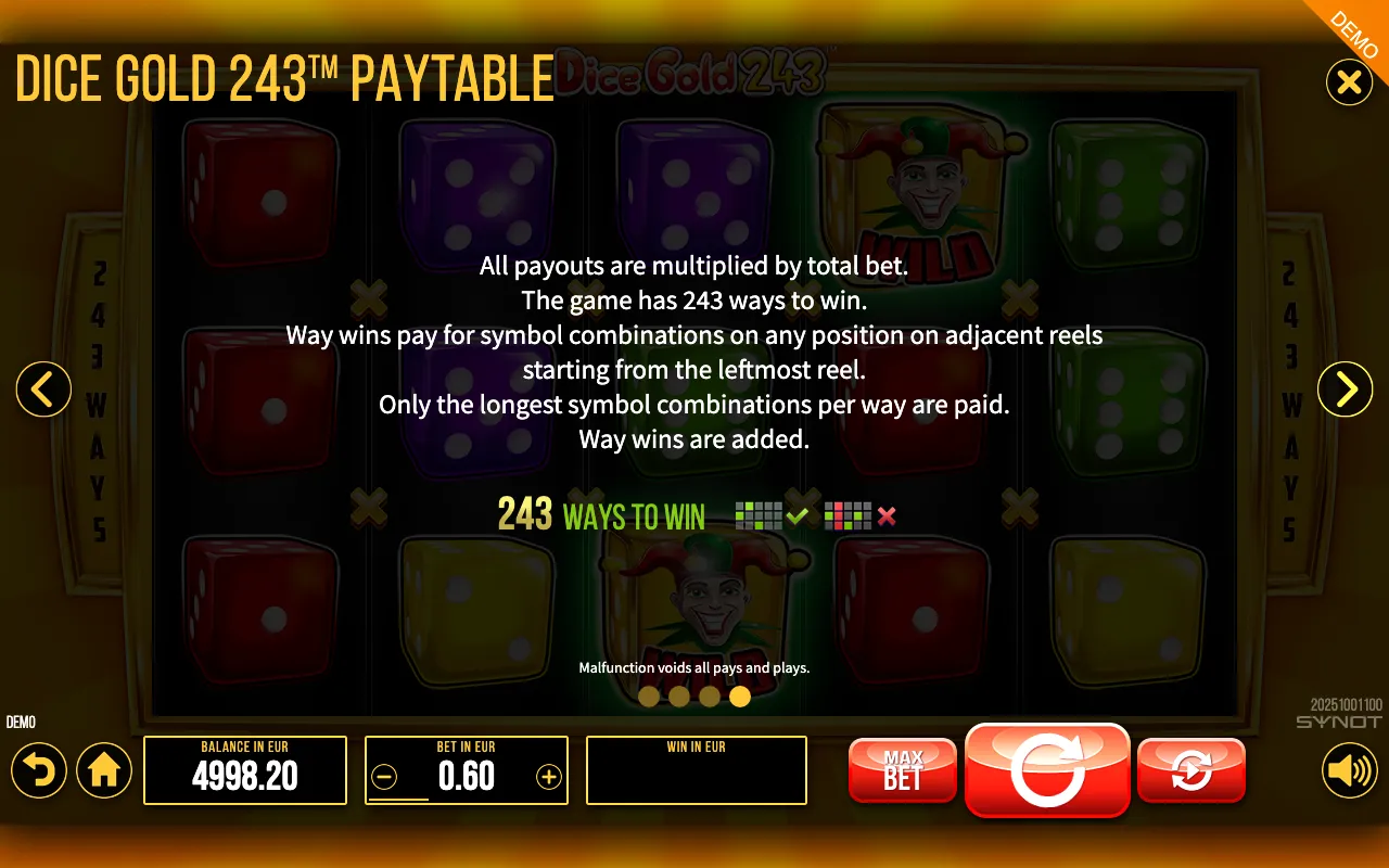 Dice Gold 243 paytable page 3 with symbol payouts