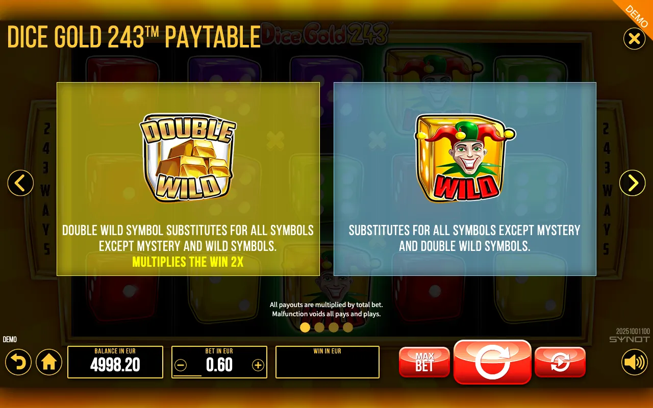 Dice Gold 243 paytable page 4 with symbol payouts