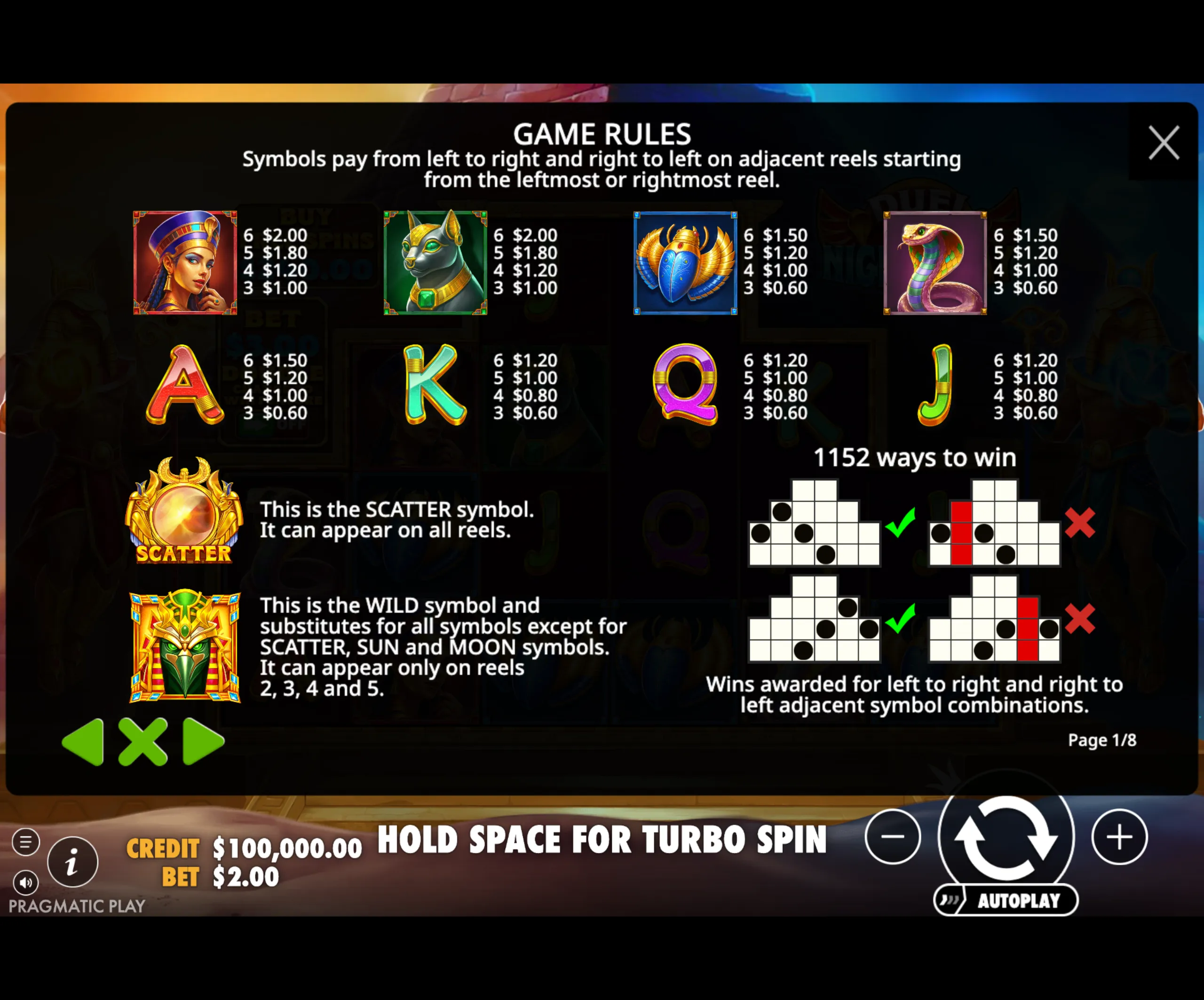 Game rules and paytable for Duel of Night & Day slot featuring Egyptian-themed symbols including a queen, cat, scarab, cobra, and card icons with scatter and wild symbols explained.