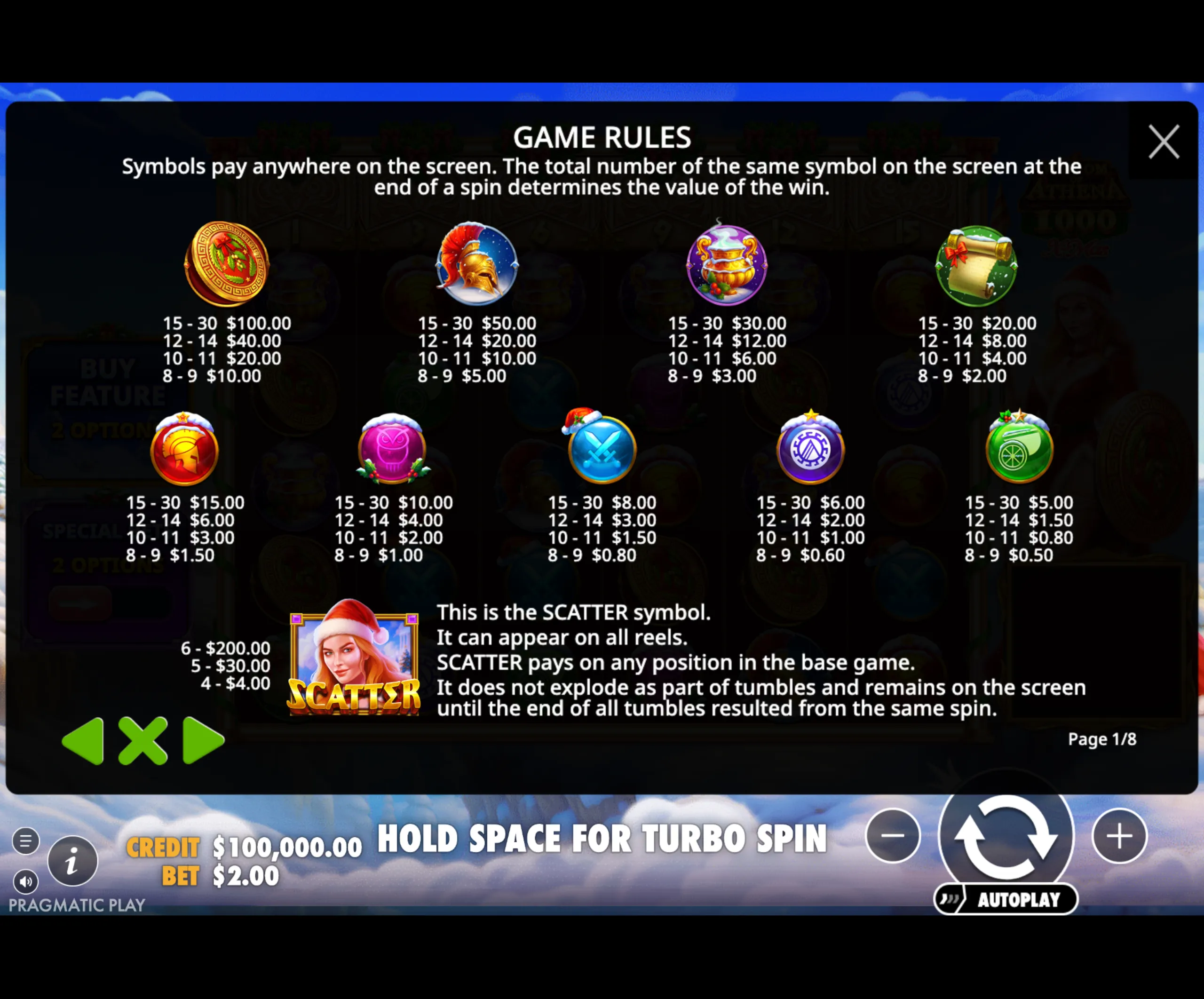 Game rules and payout values for symbols in Wisdom of Athena 1000 Xmas slot, including scatter symbol details and payout tiers.