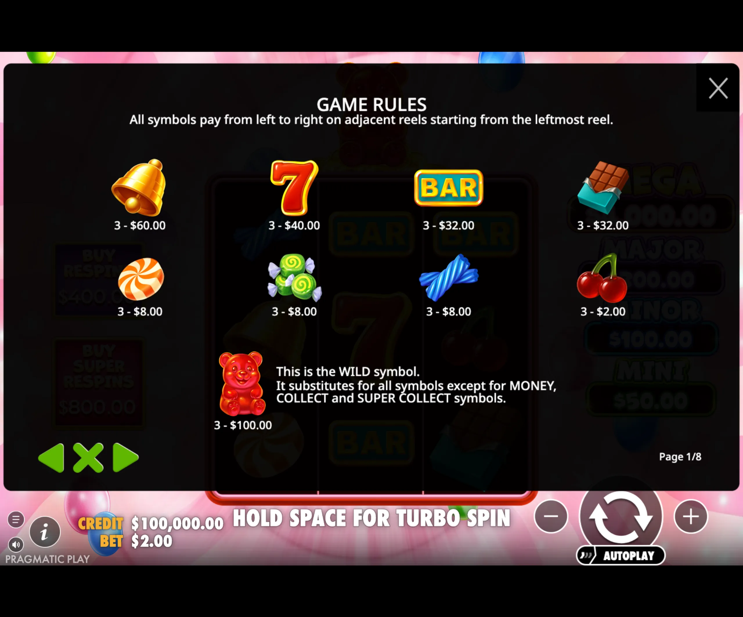 Game rules and payout values for symbols in Super Gummy Strike slot, featuring candy-themed icons and classic slot symbols.