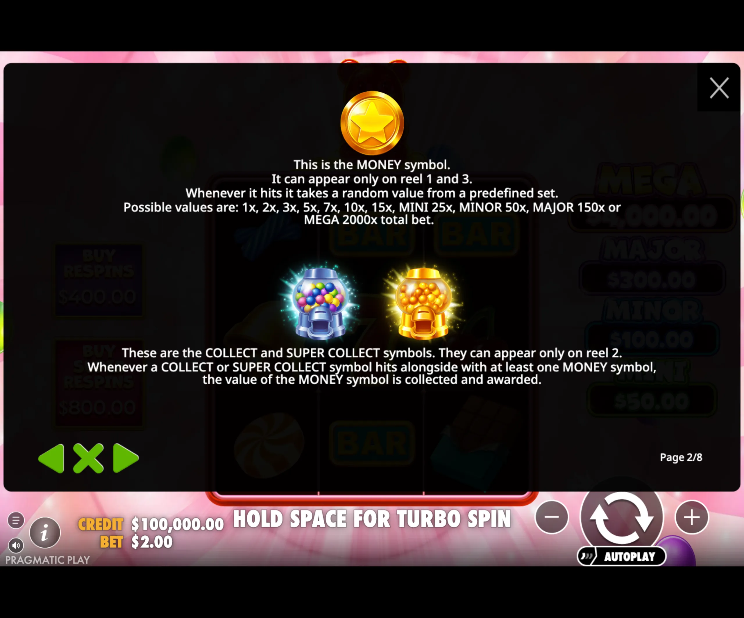 Explanation of the MONEY, COLLECT, and SUPER COLLECT symbols in Super Gummy Strike slot, detailing their reel positions and multiplier values.