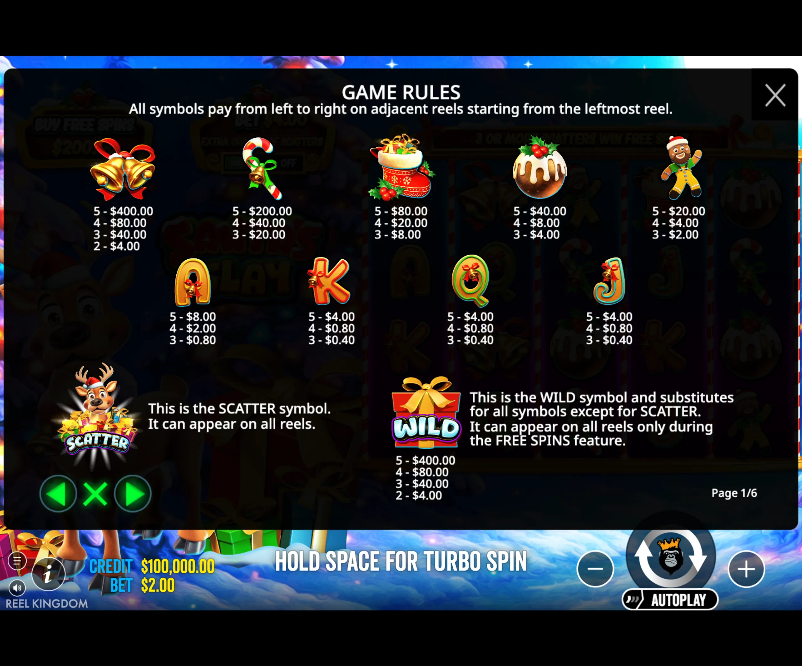 Game rules and payout values for Santa's Slay slot game symbols including bells, candy cane, stocking, pudding, gingerbread man, and card suits with wild and scatter features.
