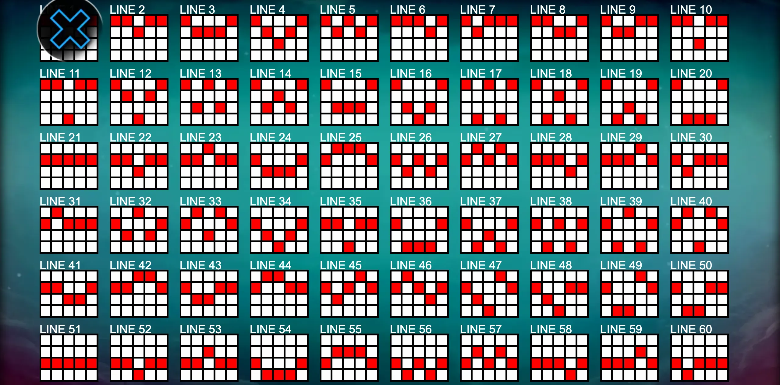 Cave of Clovers slot game preview showing 60 distinct paylines in a grid format with red highlights.