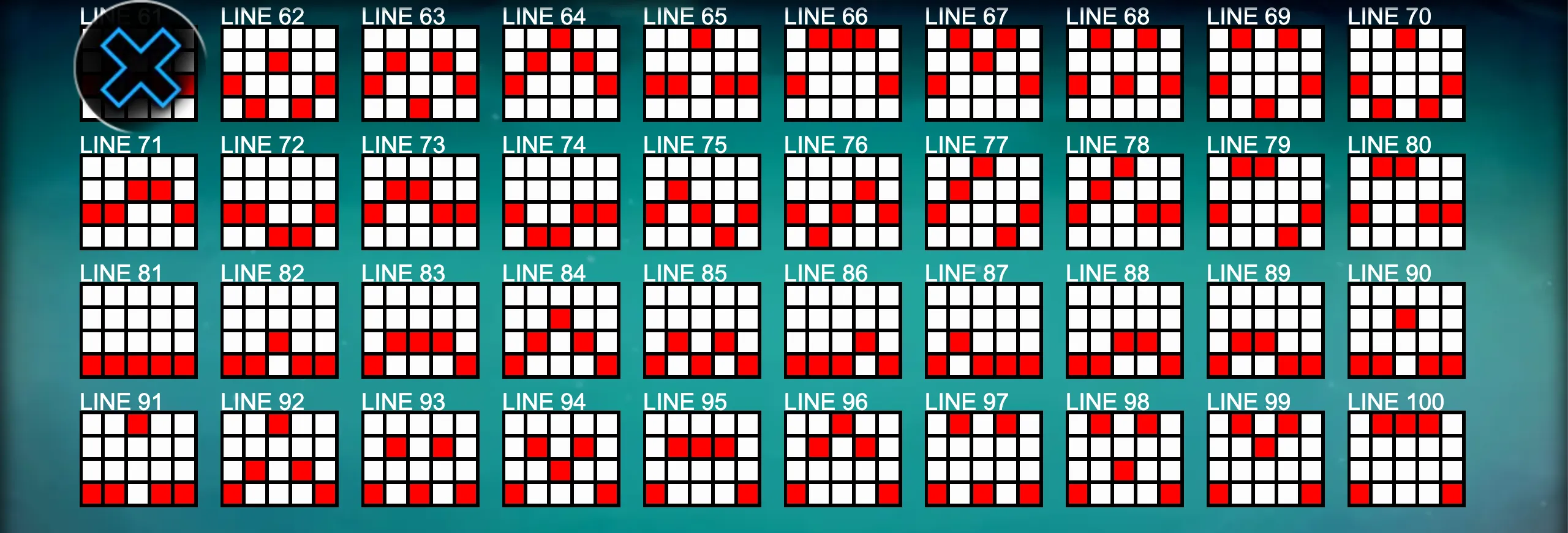 Detailed display of 40 paylines for the Cave of Clovers slot game with red-highlighted winning patterns on a blue-green gradient background