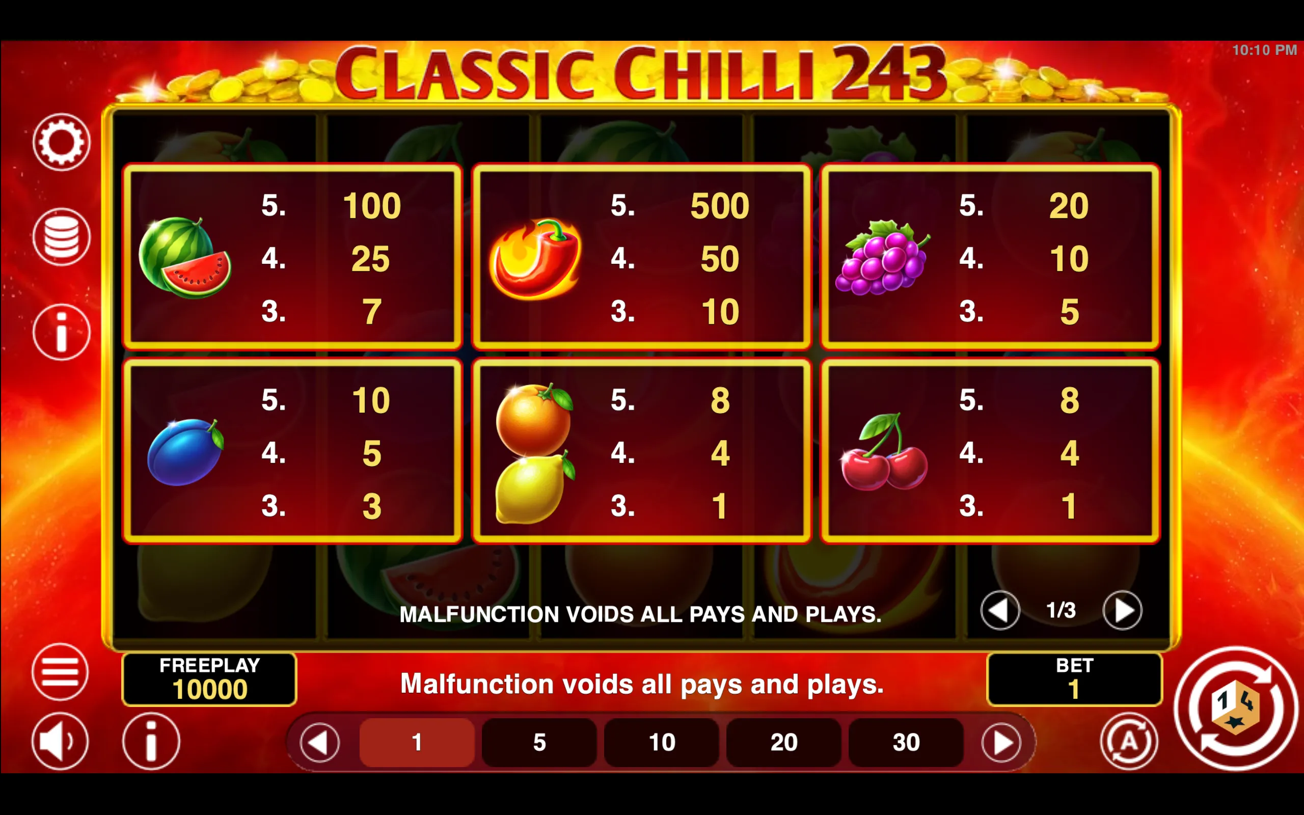 Classic Chilli 243 paytable page 1 with symbol payouts