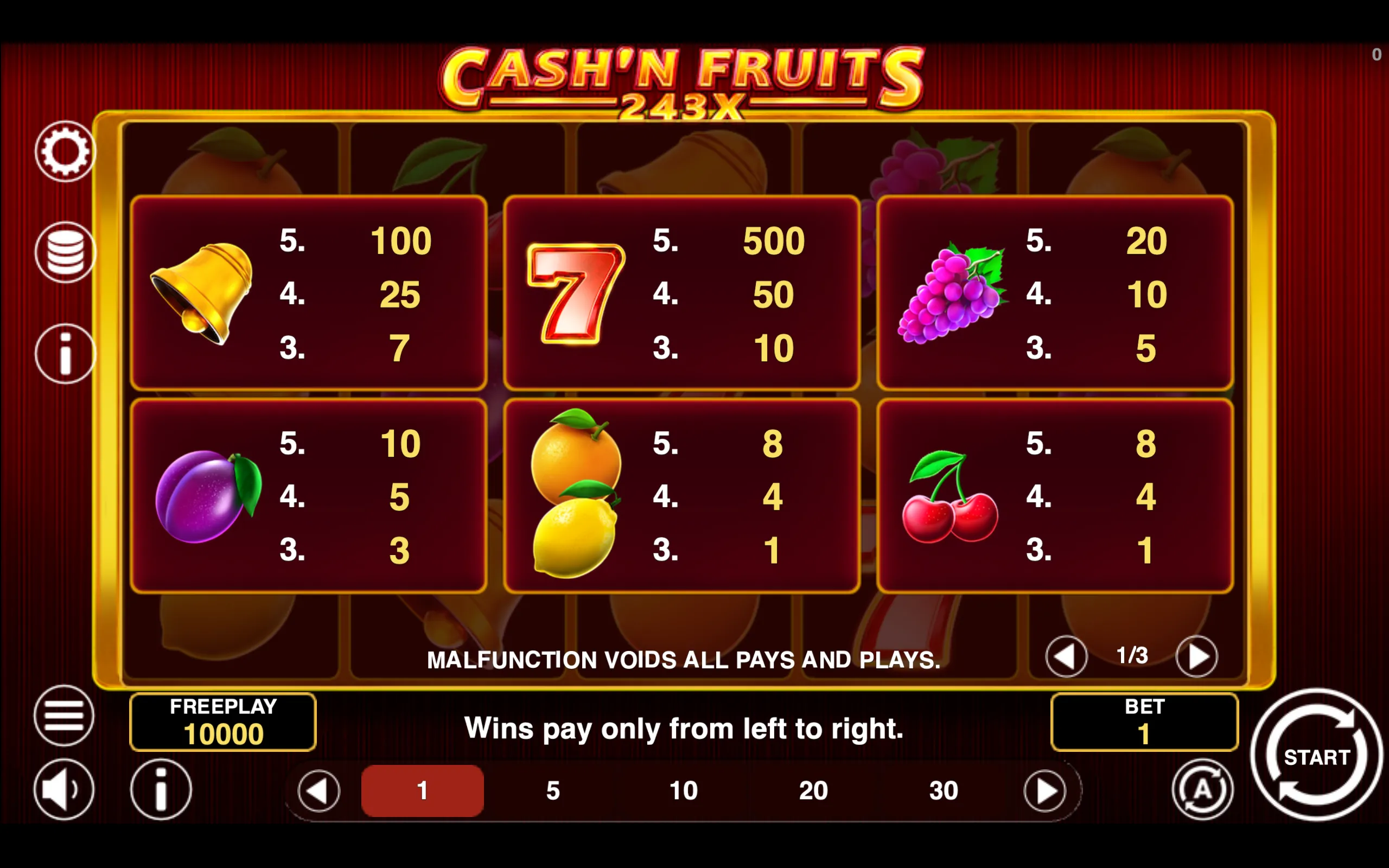 Cash'n Fruits 243 X paytable page 1 with symbol payouts