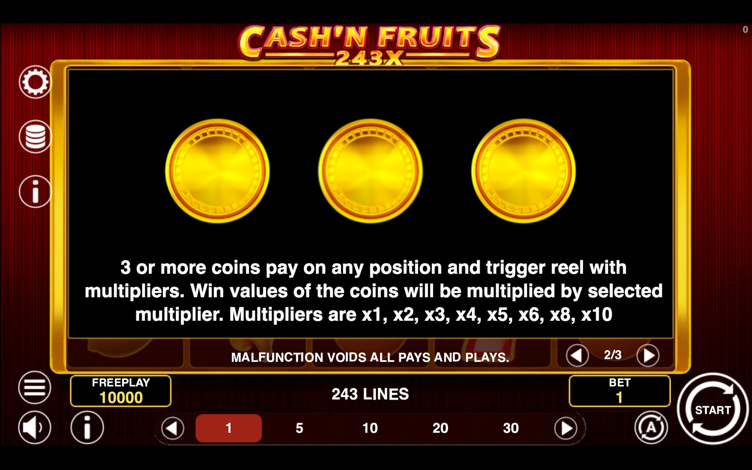 Cash'n Fruits 243 X paytable page 2 with symbol payouts