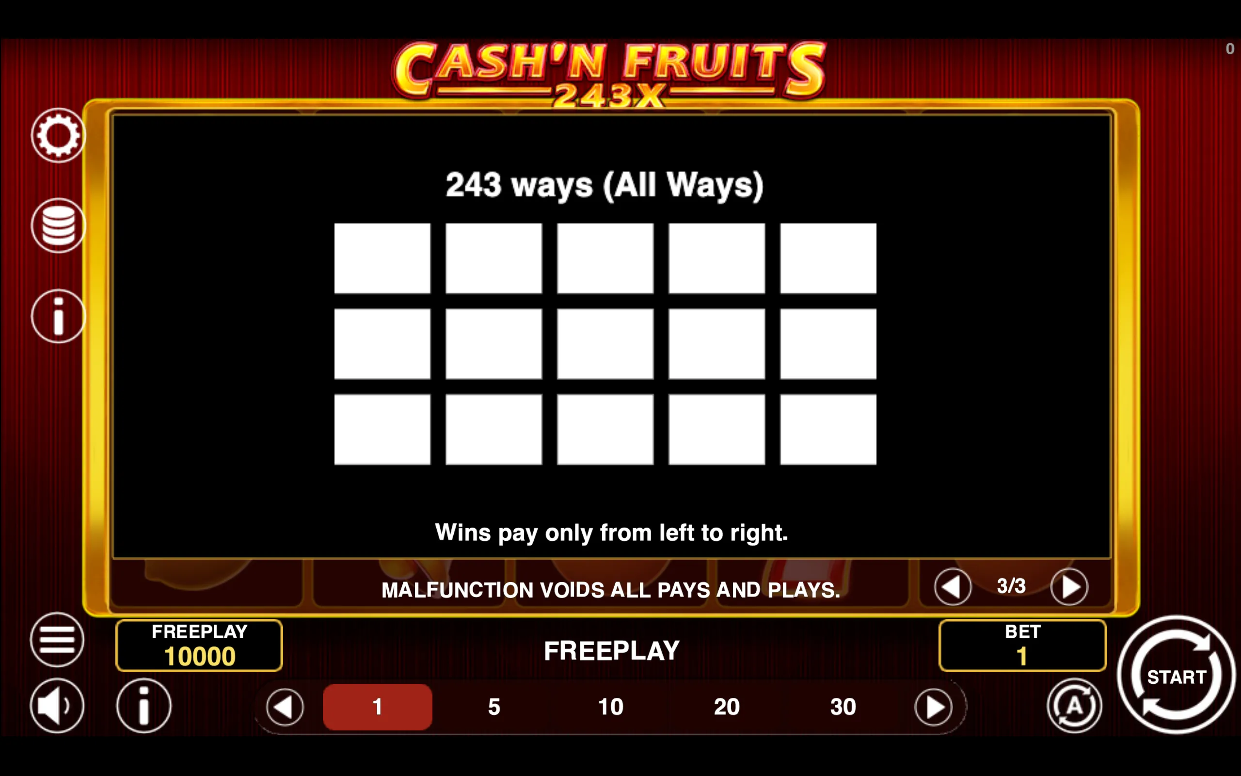 Cash'n Fruits 243 X paytable page 3 with symbol payouts