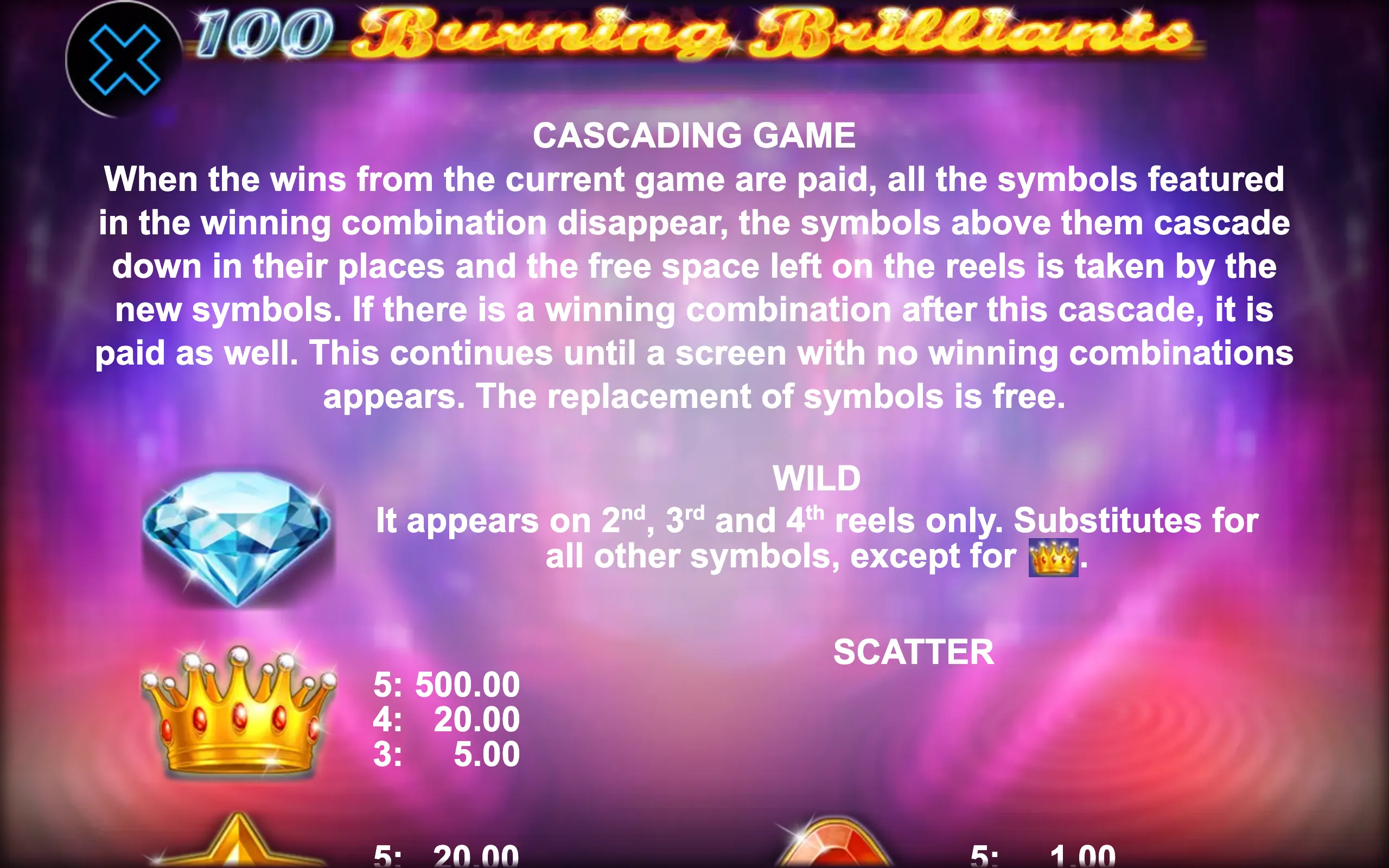 100 Burning Brilliants paytable page 1 with symbol payouts