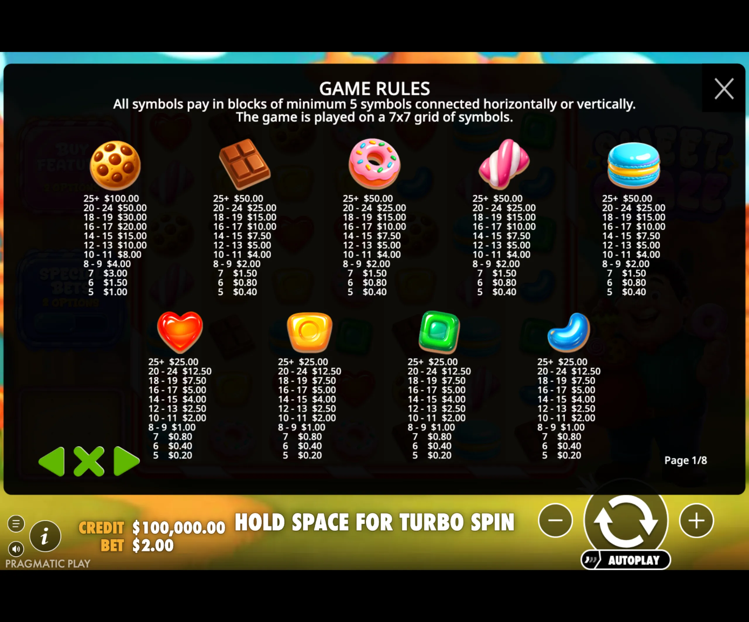 Sweet Craze slot game rules and payout table featuring colorful candy symbols including cookies, chocolate bars, donuts, and macarons, displayed with detailed payout values for symbol clusters on a 7x7 grid.