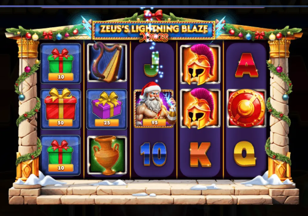 Zeus's Lightning Blaze Xmas slot game reels decorated with Christmas gifts, mythological symbols, and festive garlands on ancient columns.