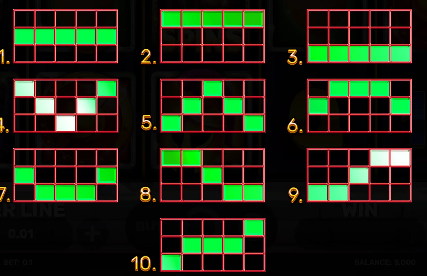 A grid layout showing ten distinct paylines highlighted in green on a dark background, illustrating the winning line patterns for Zeus's Lightning Blaze - Xmas slot game.