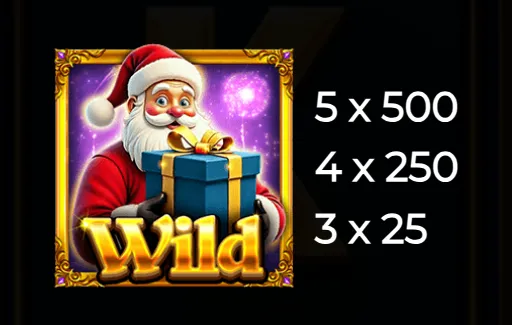 Santa Claus holding a blue gift box with a golden ribbon, marked as a Wild symbol with payout values for matching 3, 4, or 5 symbols.
