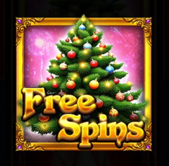 A decorated Christmas tree with colorful baubles and glowing lights, highlighting the 'Free Spins' bonus feature in a golden ornate frame.