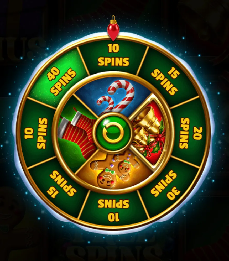 A Christmas-themed bonus spin wheel featuring festive symbols like candy canes, bells, stockings, and gingerbread cookies, with various spin rewards displayed.