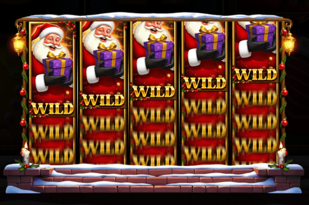 Majestic Santa slot features reels filled with Santa Claus holding a purple gift box marked as wild, set in a snowy holiday frame with warm lanterns and festive decorations.
