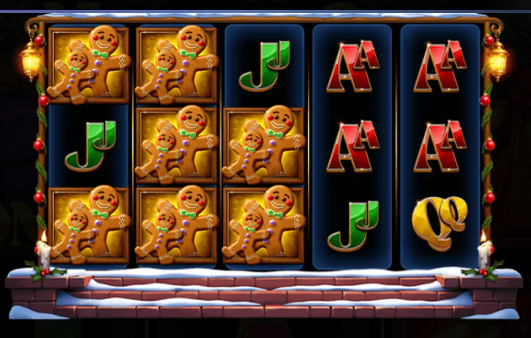 Slot reels featuring gingerbread men, playing card symbols, and golden bells with a snowy holiday-themed frame