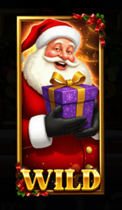 Santa Claus holding a purple gift box with a golden ribbon, symbolizing the wild feature in a Christmas-themed slot game.
