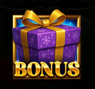 A purple gift box with golden ribbon and snowflake patterns symbolizing the bonus feature in Majestic Santa slot game.