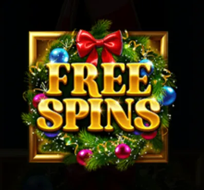 Golden 'FREE SPINS' text adorned with a Christmas wreath decorated with colorful baubles and a red bow