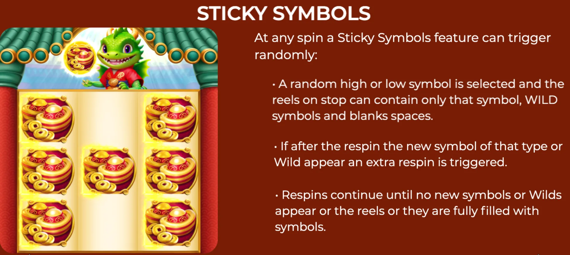 Fiery Fortune slot game highlighting the Sticky Symbols feature with a green dragon character and golden pot symbols on the reels.