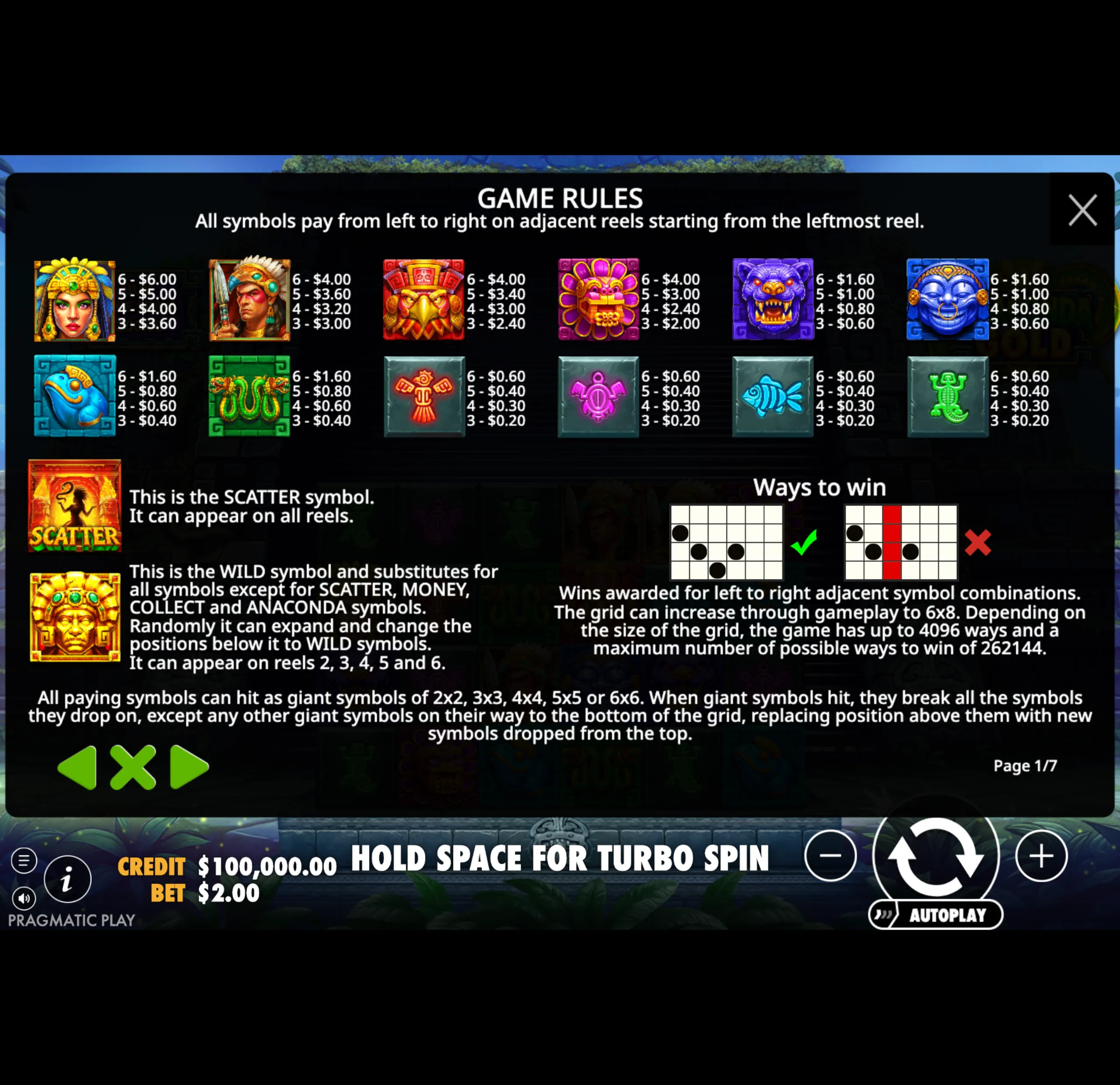 Anaconda Gold slot game paytable and rules screen showing symbol payouts, scatter and wild symbols, and ways to win details.