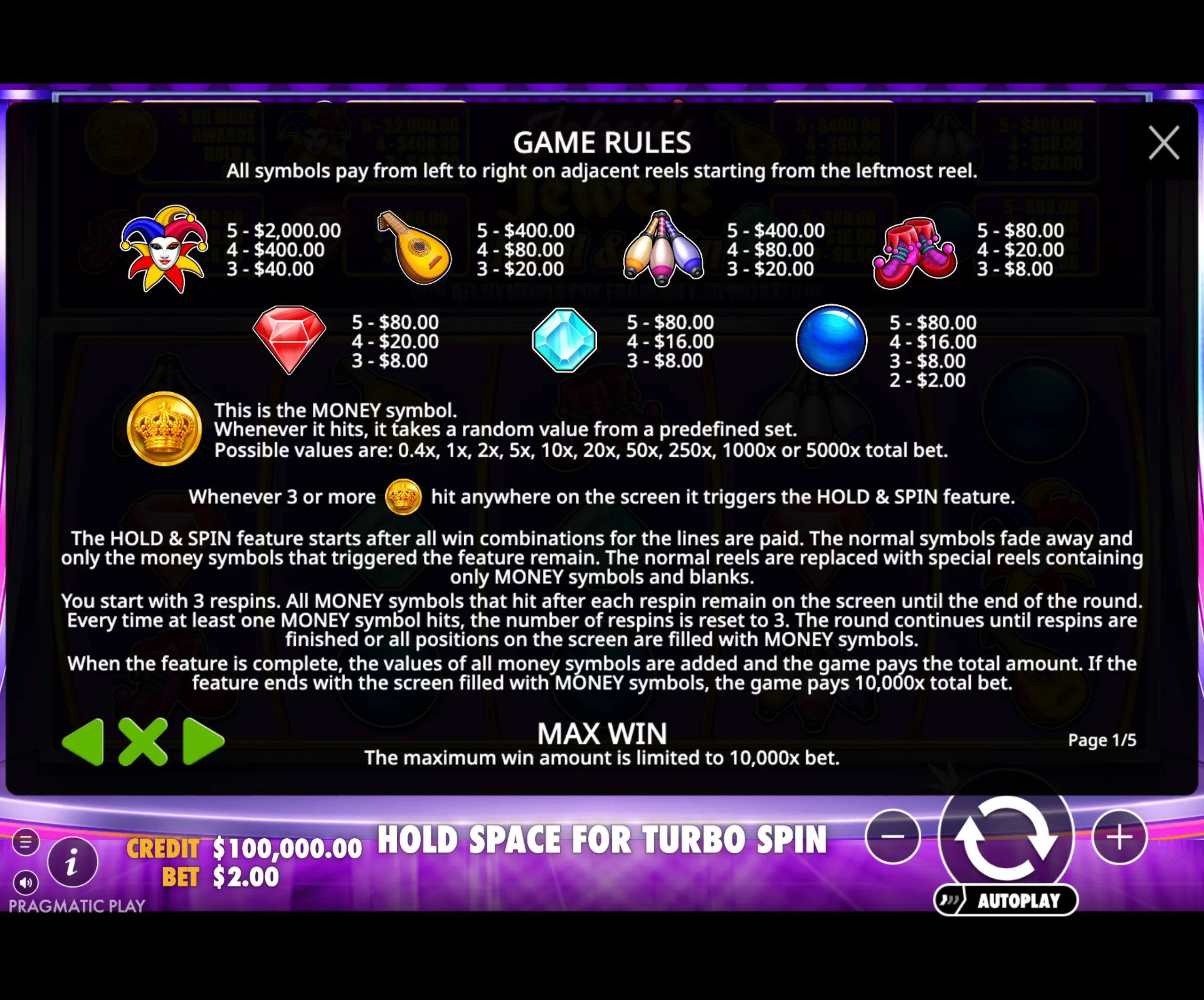Game rules and paytable for Joker's Jewels Hold & Spin slot, showing symbol payouts and explaining the Hold & Spin feature with money symbols and respins.