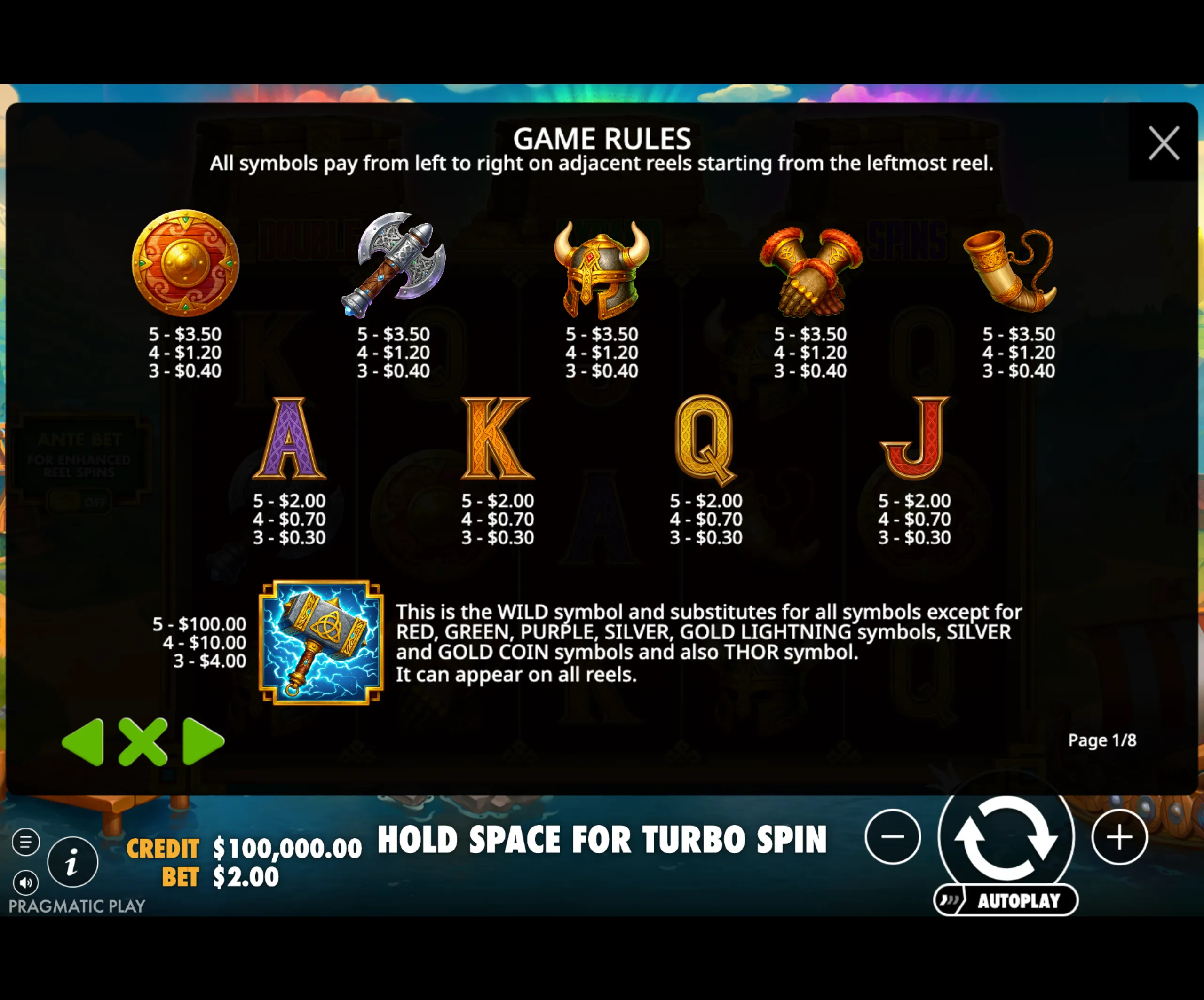 Viking-themed slot paytable showing symbols like shield, axe, horned helmet, gauntlets, drinking horn, and a lightning hammer wild symbol with payout values.