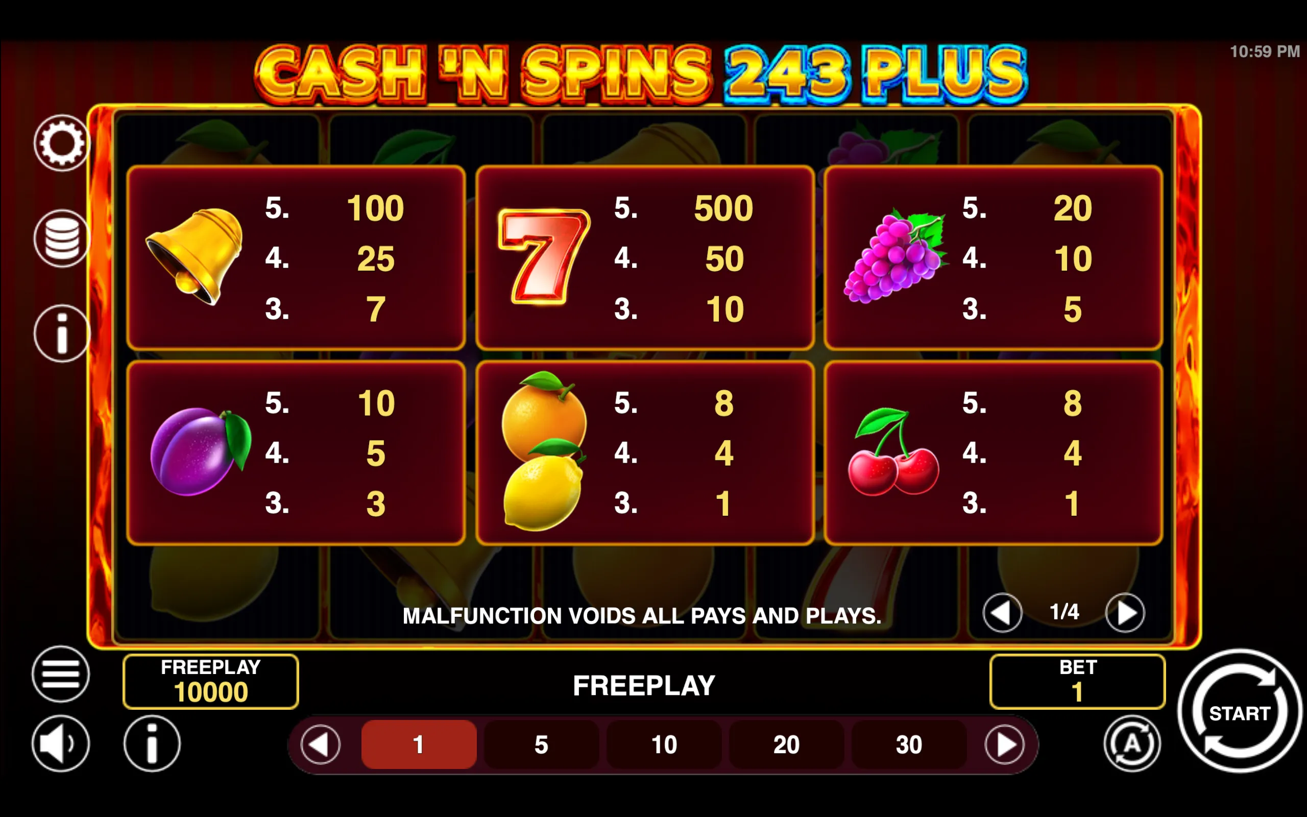 Cash'n Spins 243 Plus paytable page 1 with symbol payouts