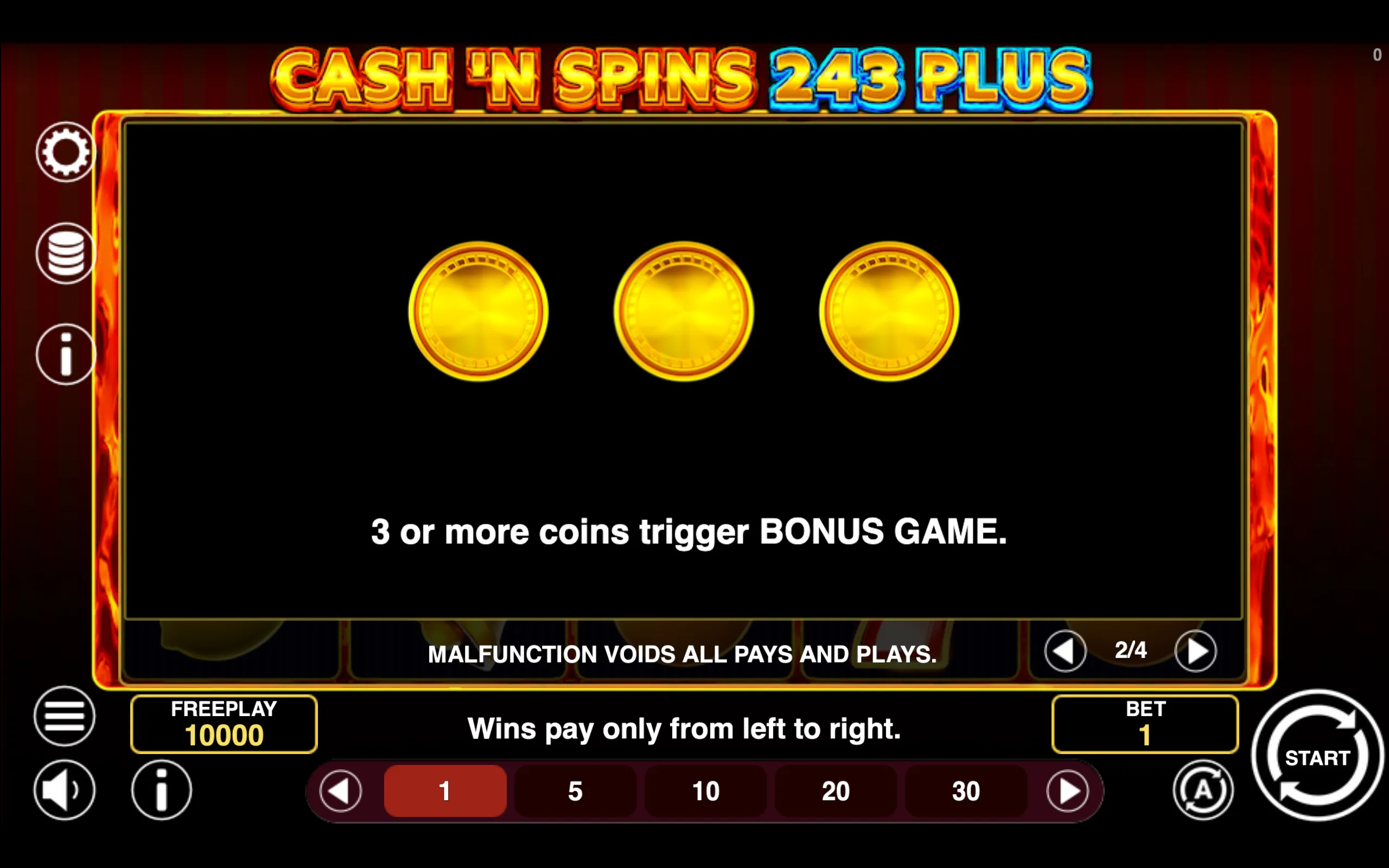 Cash'n Spins 243 Plus paytable page 2 with symbol payouts