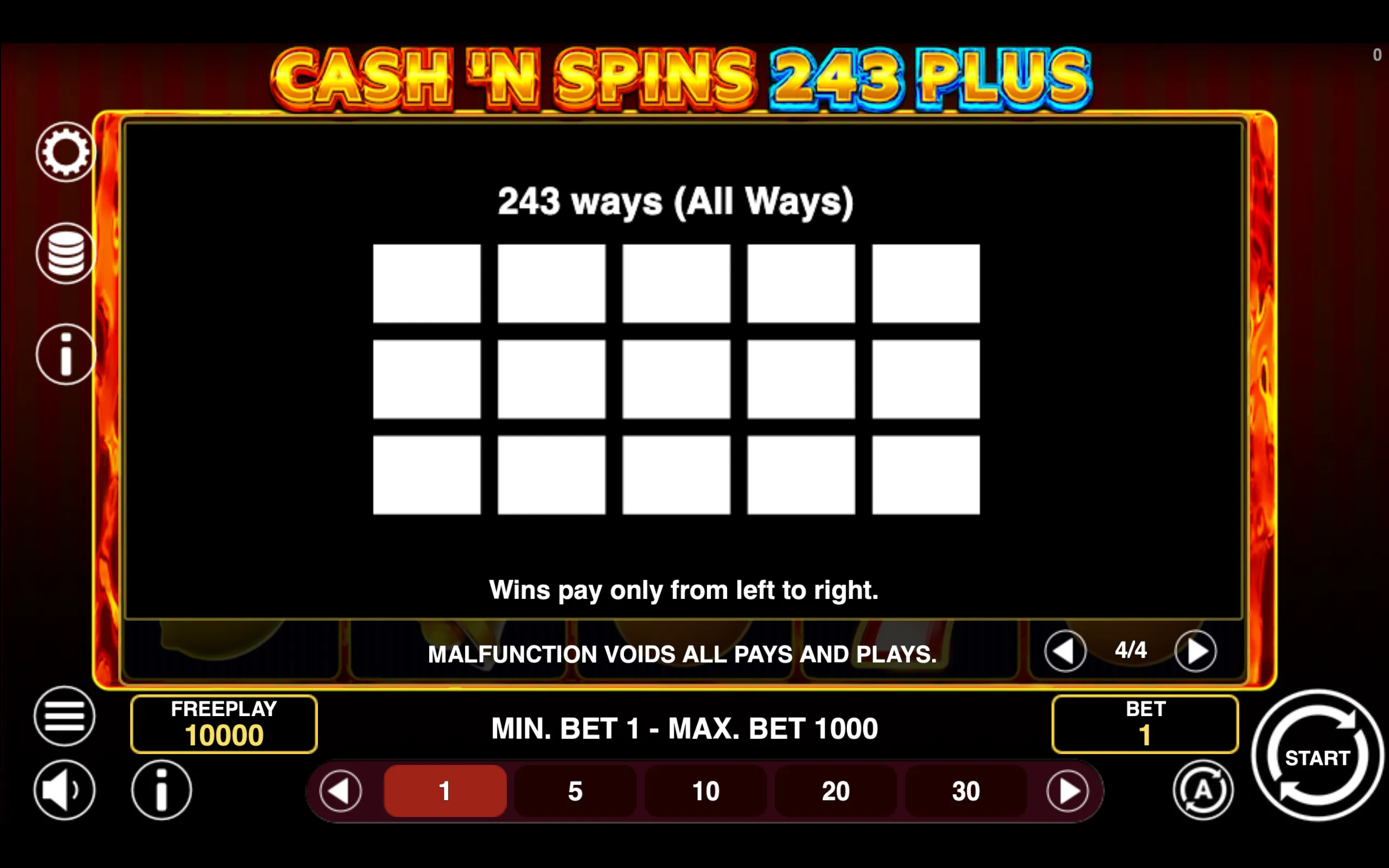 Cash'n Spins 243 Plus paytable page 4 with symbol payouts