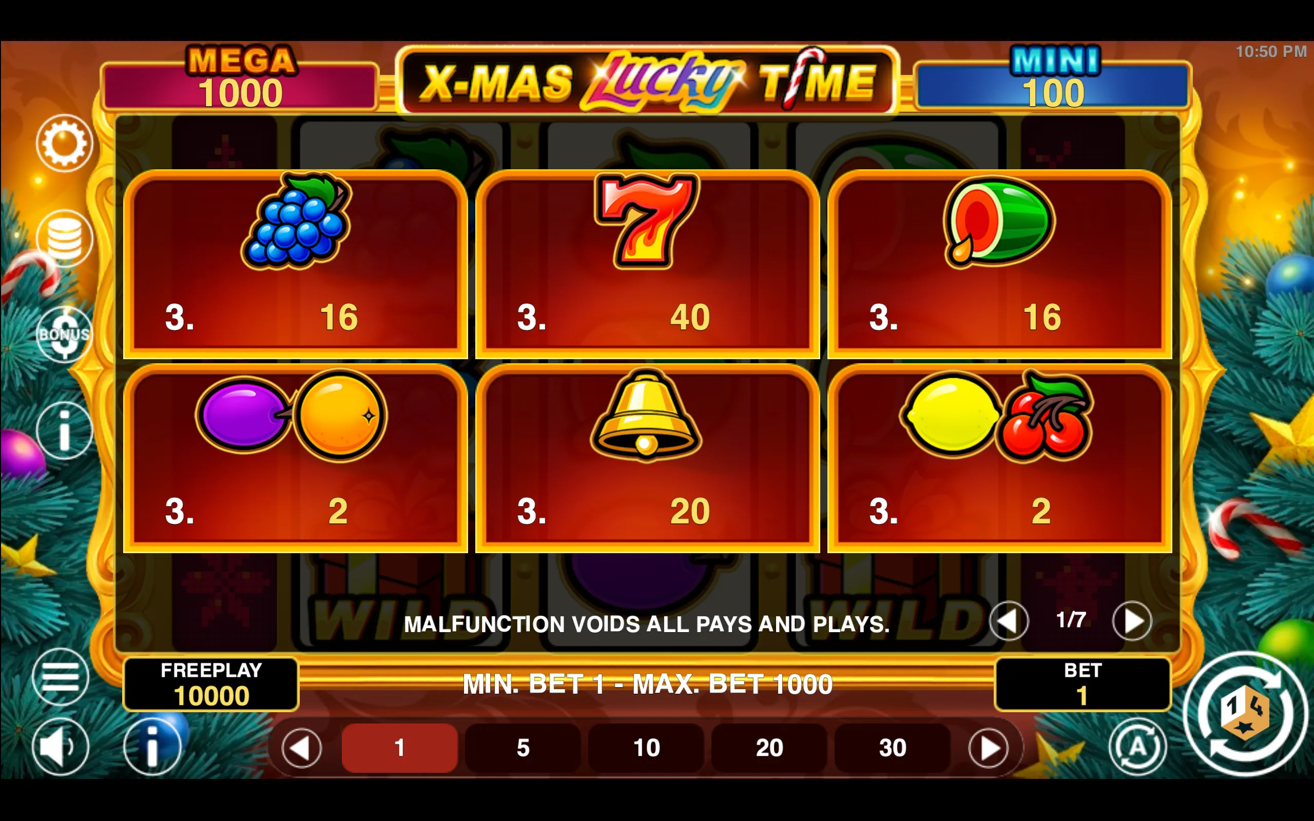 Xmas Lucky Time Hold & Win paytable page 1 with symbol payouts