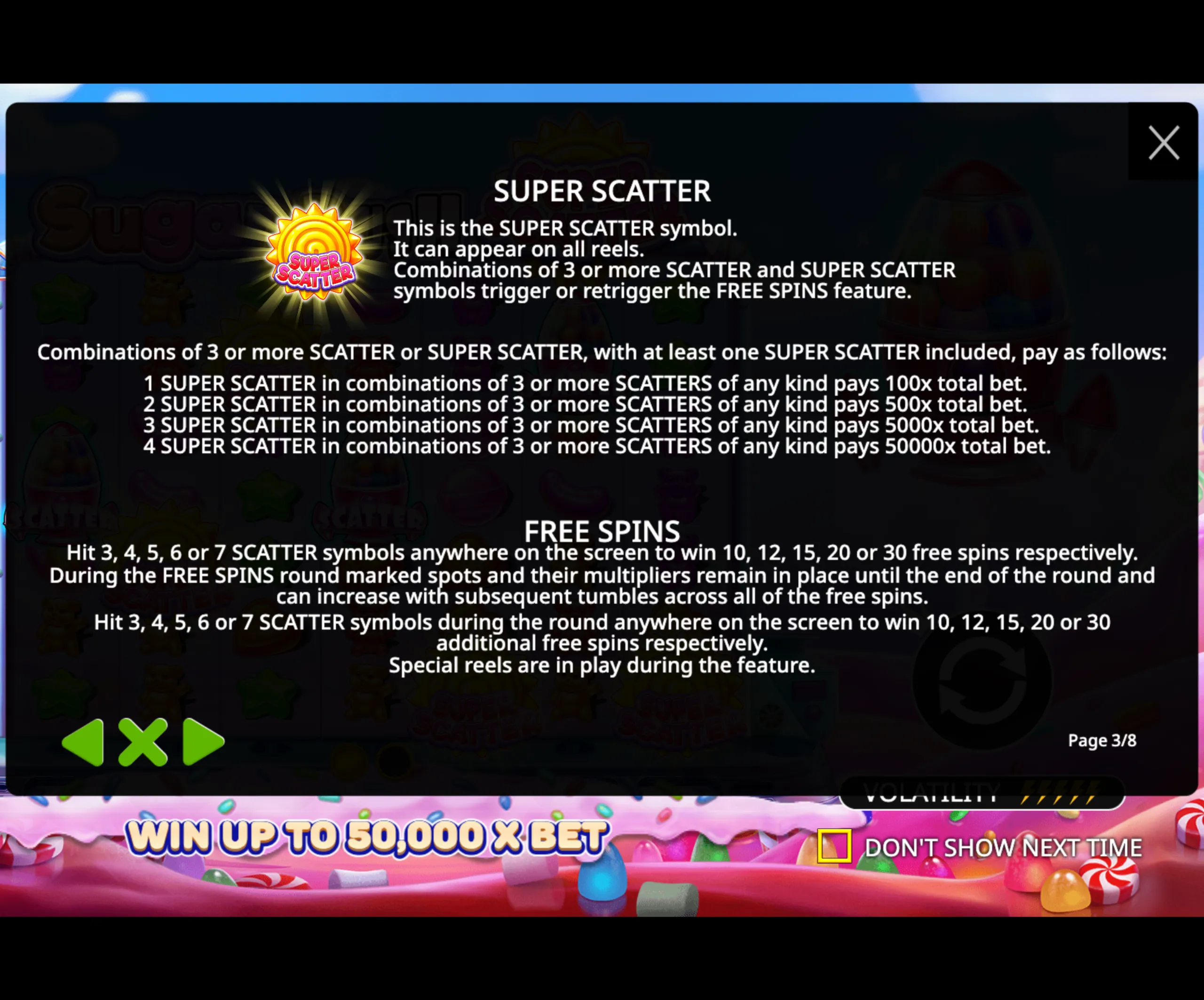Super Scatter symbol details and payout information for Sugar Rush Super Scatter slot game, highlighting free spins and multiplier rewards.
