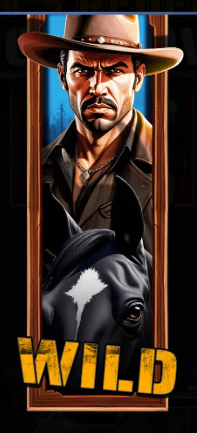 A stern cowboy with a hat and a black horse with a white blaze are framed in a wooden window, with the bold yellow 'WILD' text indicating a special game symbol.