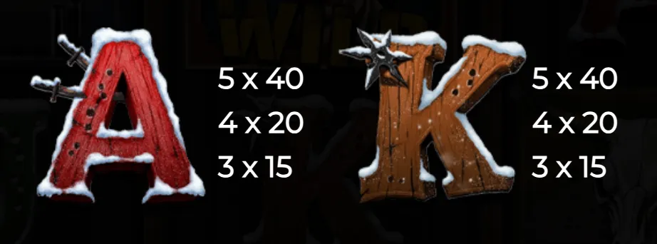 Wooden A and K symbols with snow and embedded weapons, displaying payout multipliers for the Outlaw's Redemption Showdown slot game.