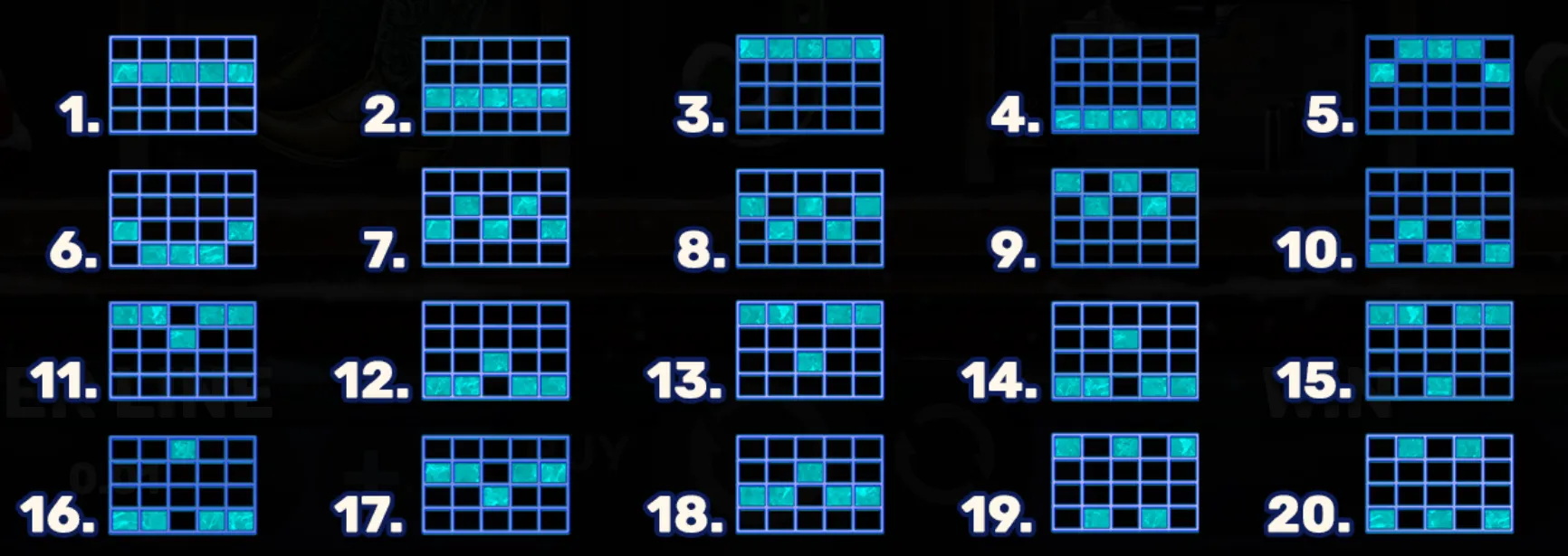 A grid layout displaying 20 distinct paylines highlighted in blue, illustrating the multiple winning line patterns in Outlaw's Redemption Showdown.
