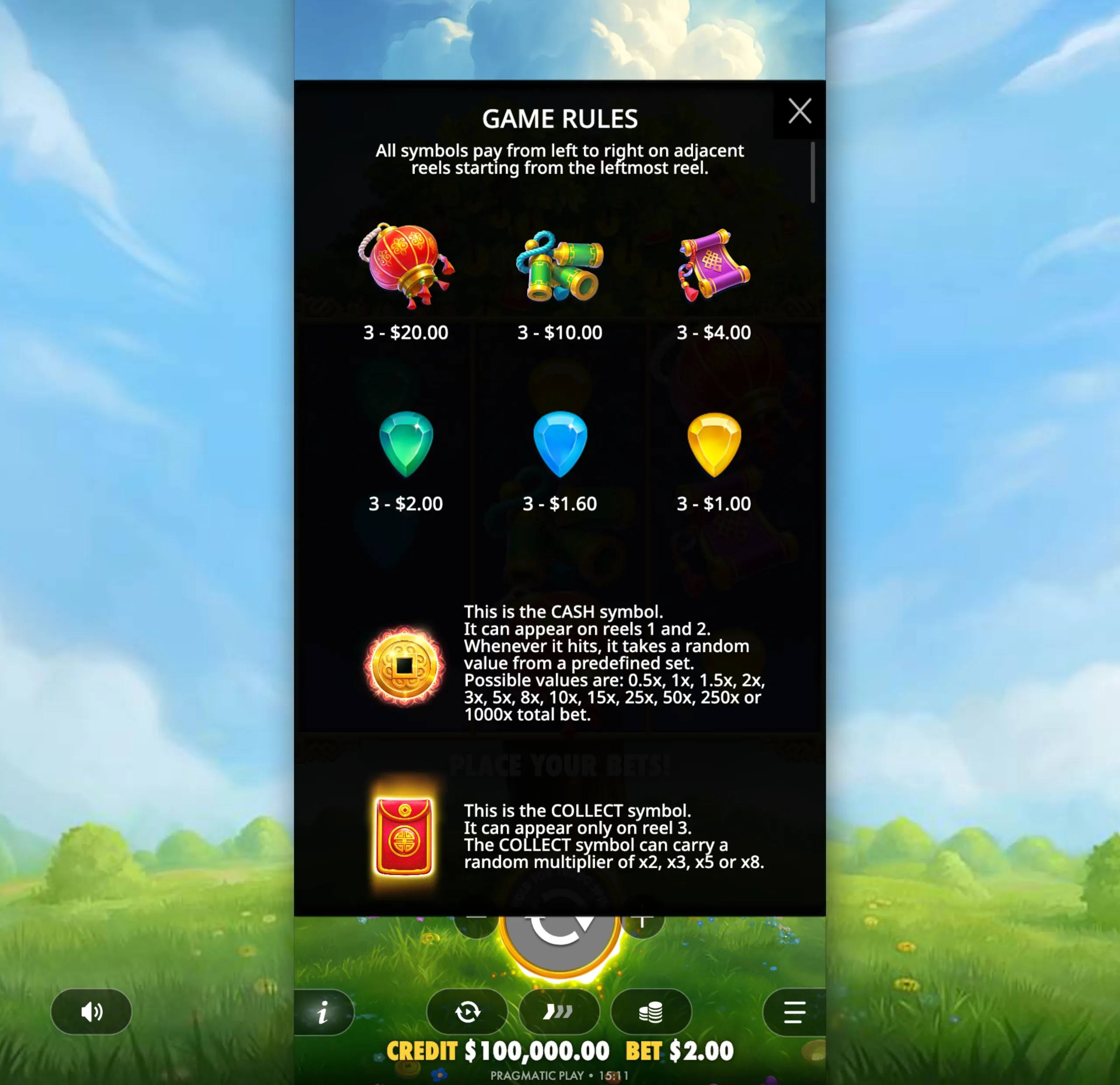 Game rules panel showing symbol payout values and explanations for special CASH and COLLECT symbols in Lucky Fortune Tree slot game.
