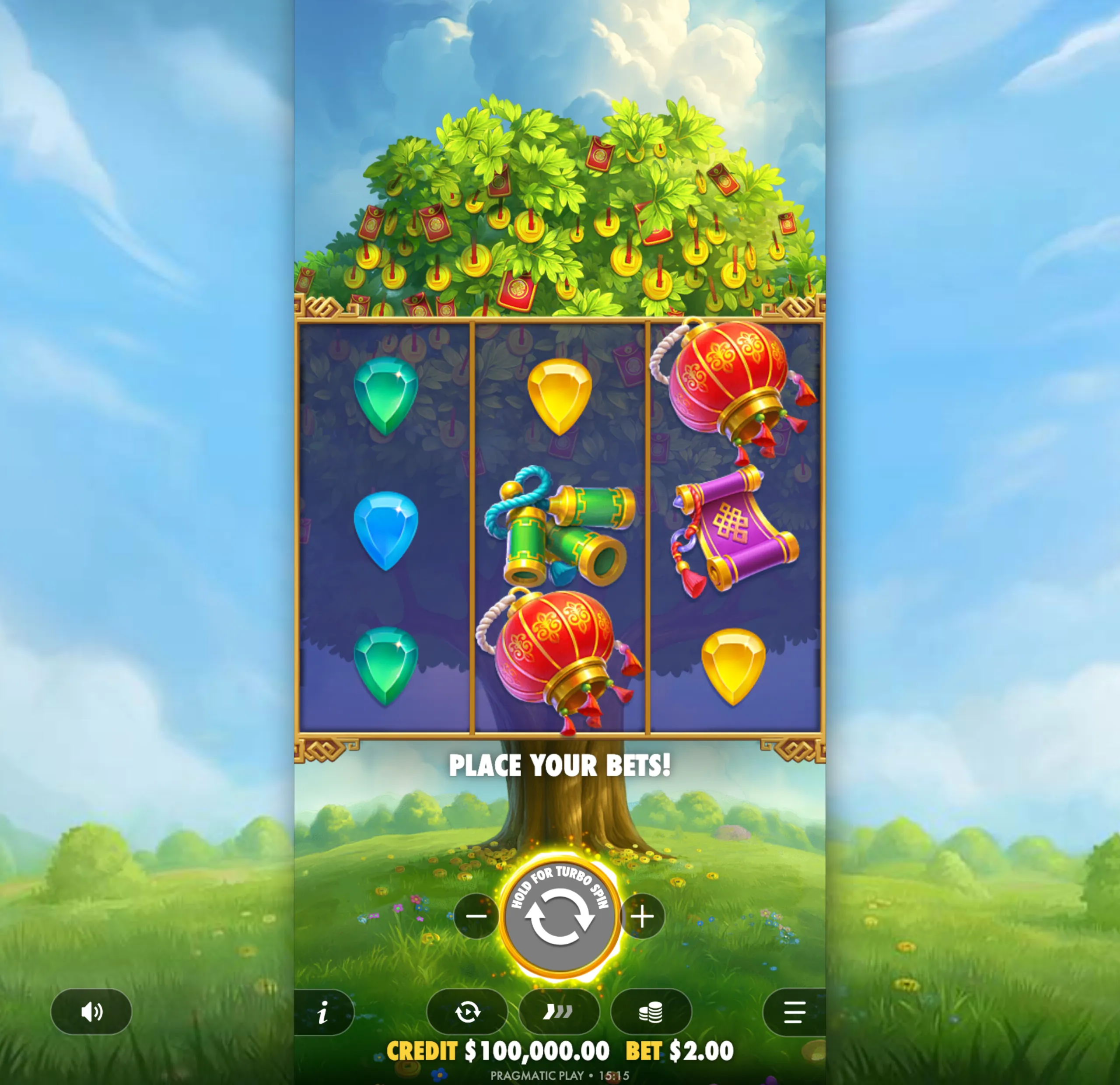 A vibrant slot game interface featuring a lush fortune tree adorned with golden coins and red envelopes, set against a bright blue sky and green meadow.