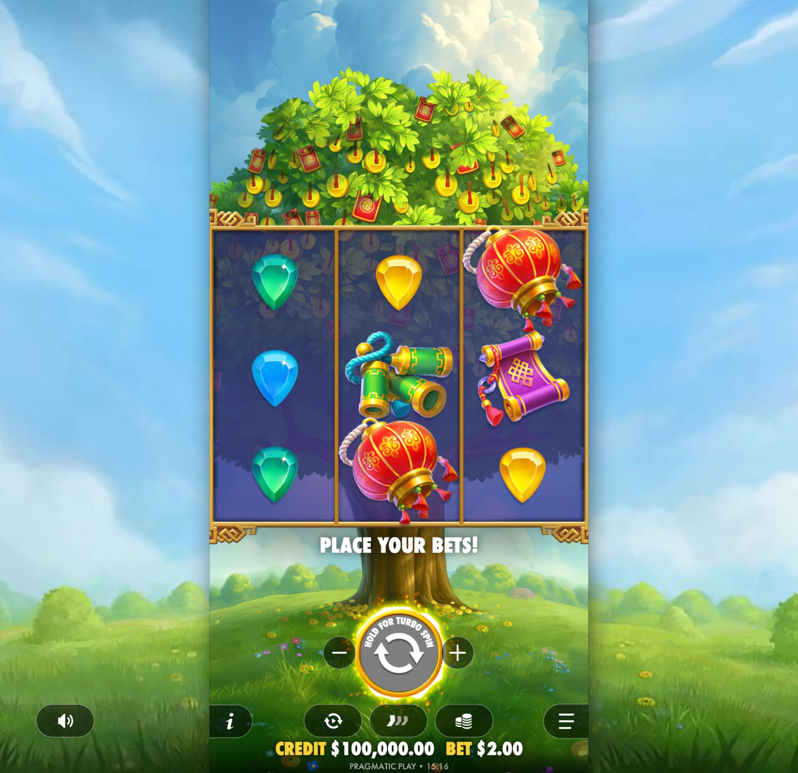 A vibrant slot game interface featuring a lush fortune tree adorned with golden coins and red envelopes, with colorful gem and lantern symbols on the reels against a bright blue sky.