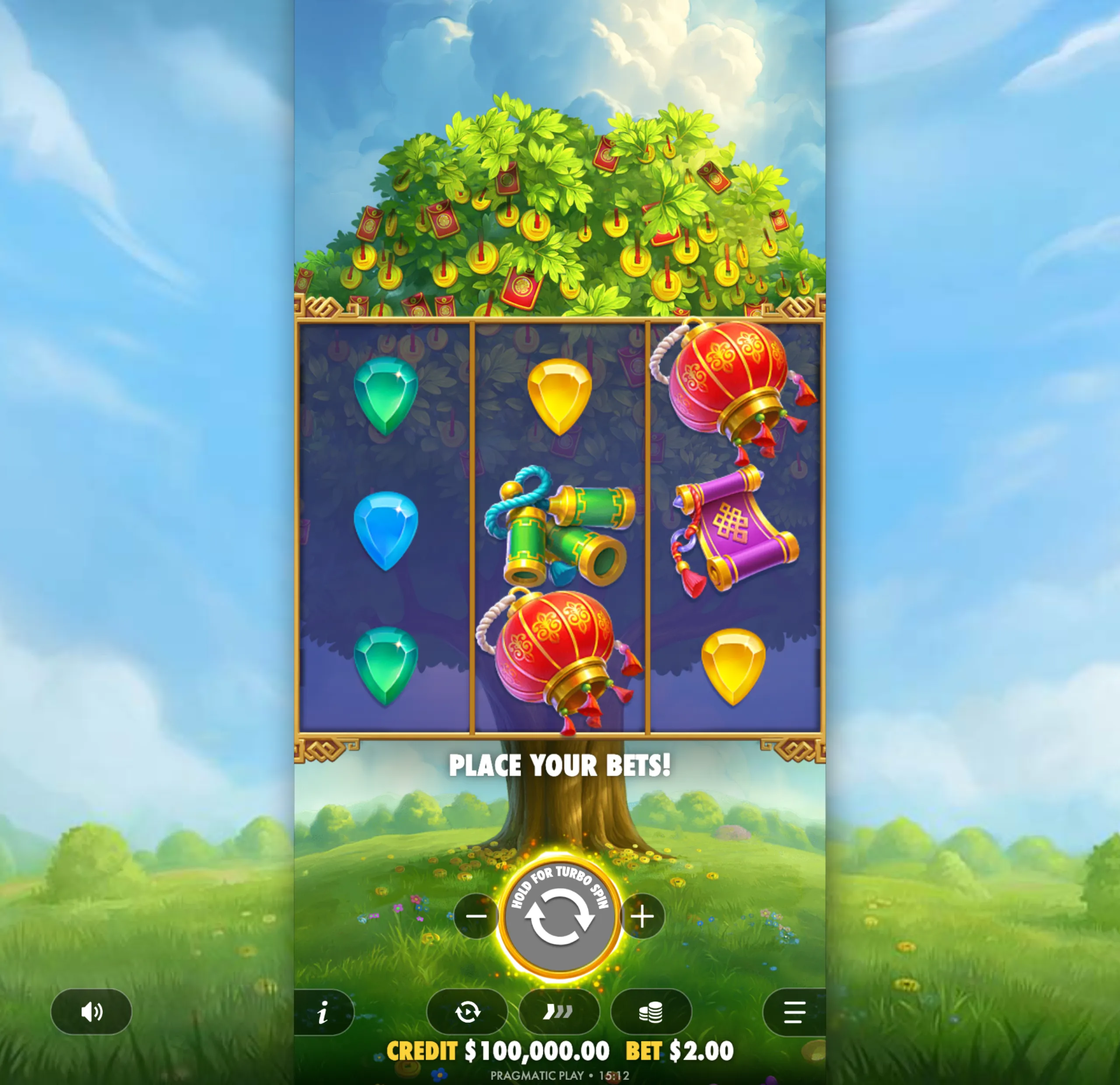 A vibrant slot game interface featuring a lush fortune tree adorned with golden coins and red envelopes, colorful gem symbols, and festive lanterns, set against a bright blue sky and green meadow.