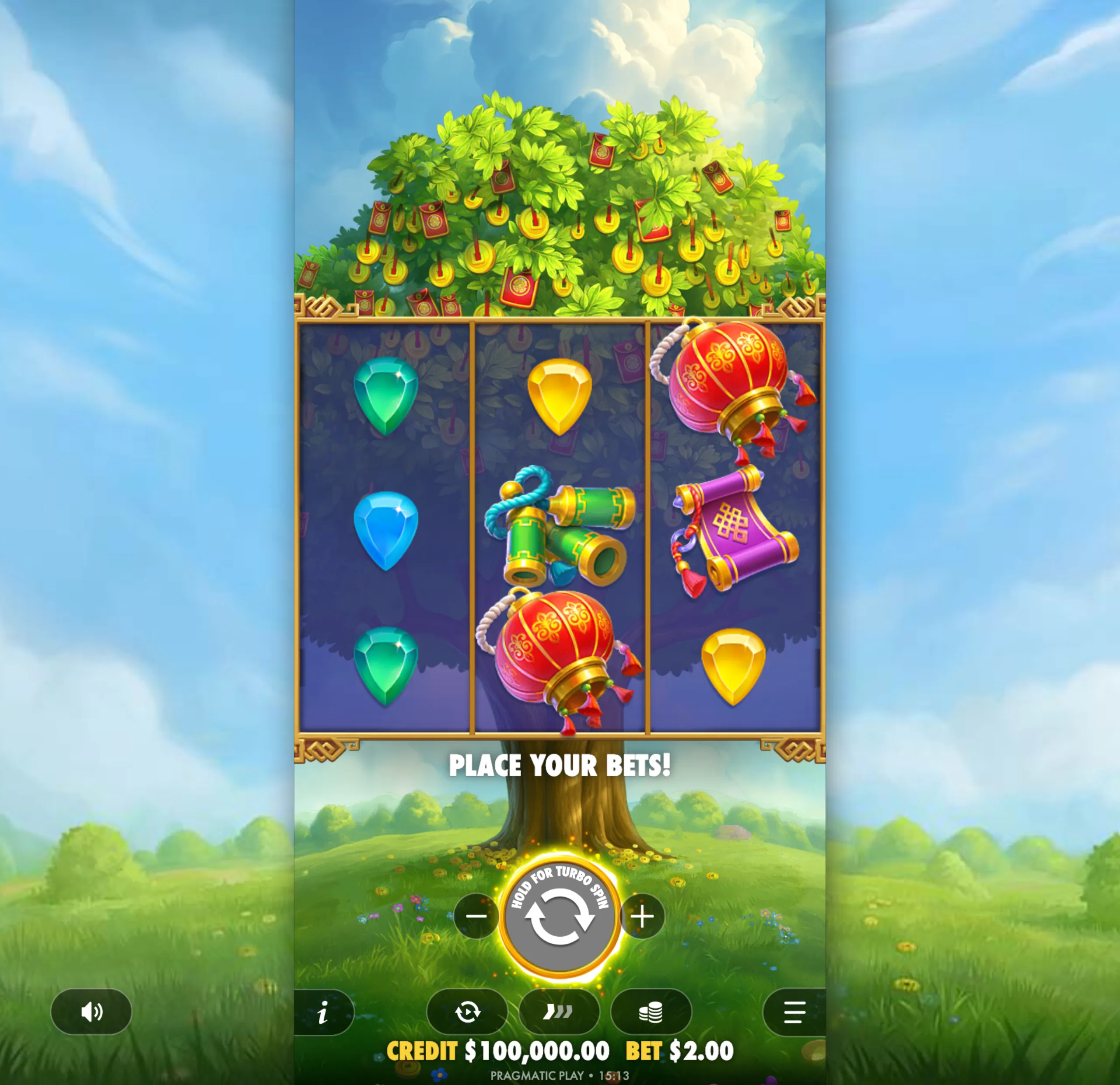 A vibrant slot game interface featuring a lush fortune tree adorned with golden coins and red envelopes, with colorful gem and scroll symbols on the reels against a bright blue sky.