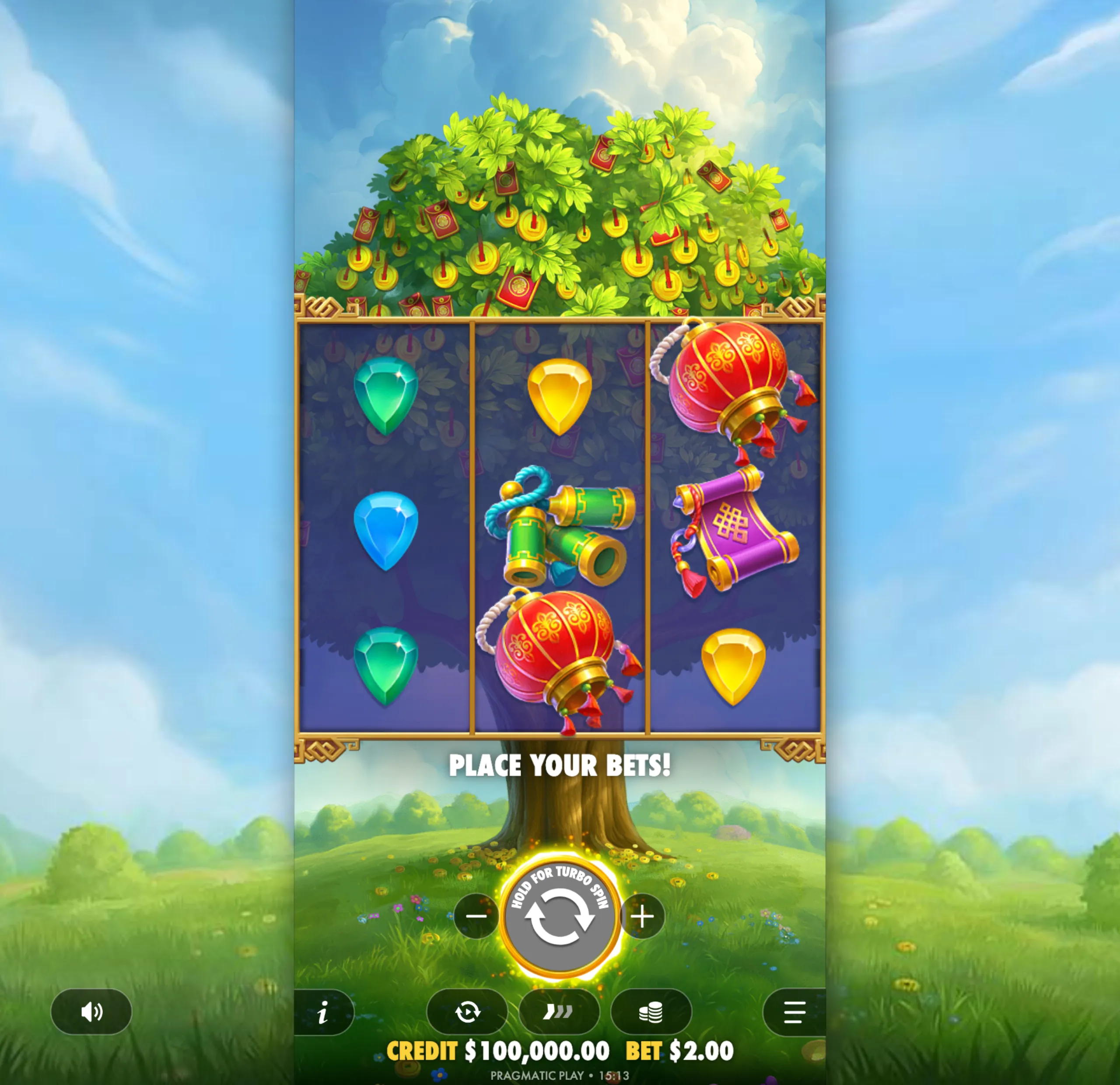 A vibrant slot game interface featuring a lush green fortune tree adorned with golden coins and red envelopes, colorful gem symbols, and traditional Asian-themed icons against a bright blue sky.