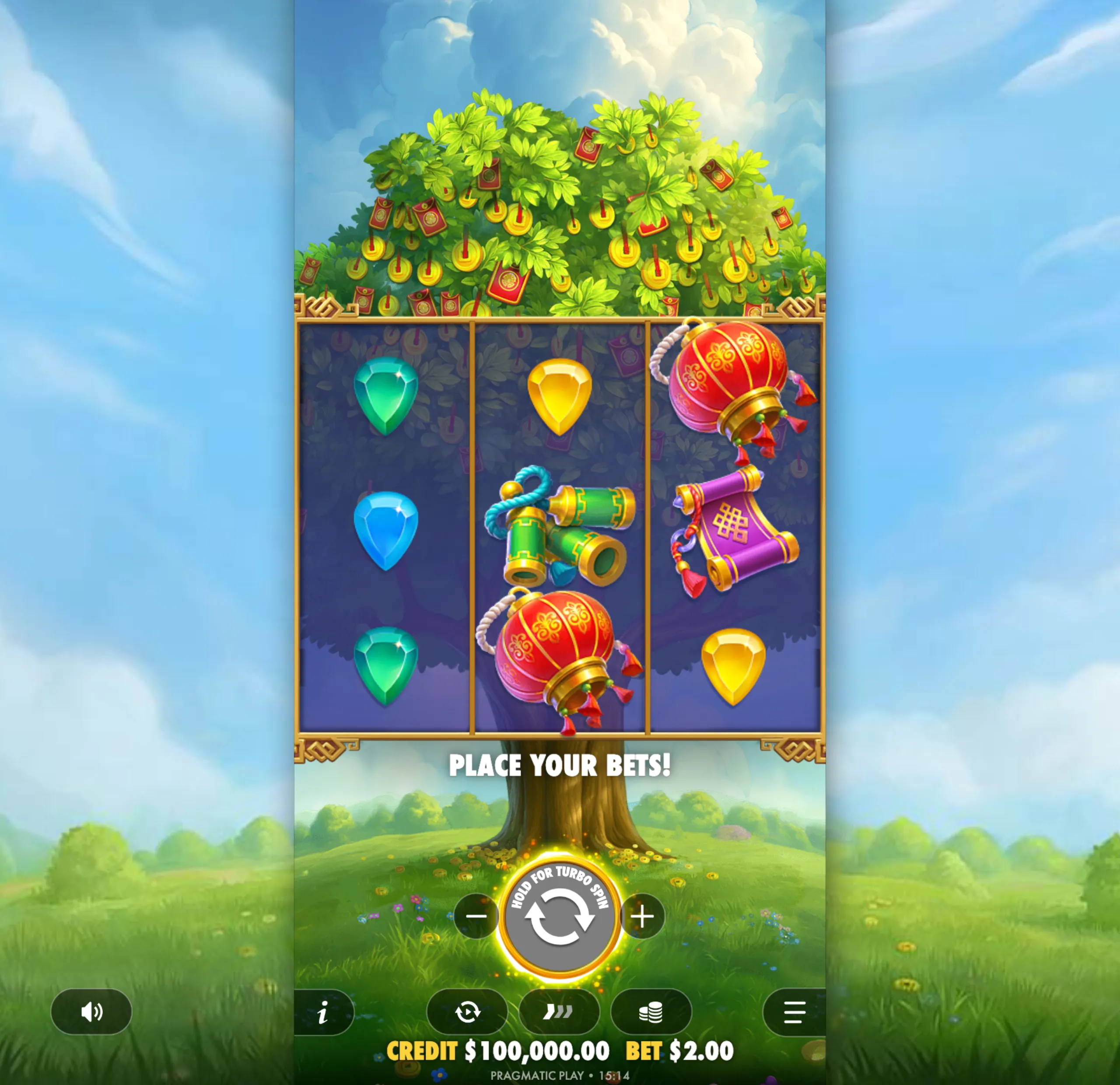 A vibrant slot game interface featuring a lush fortune tree adorned with golden coins and red envelopes, with colorful gem and lantern symbols on the reels against a bright blue sky.