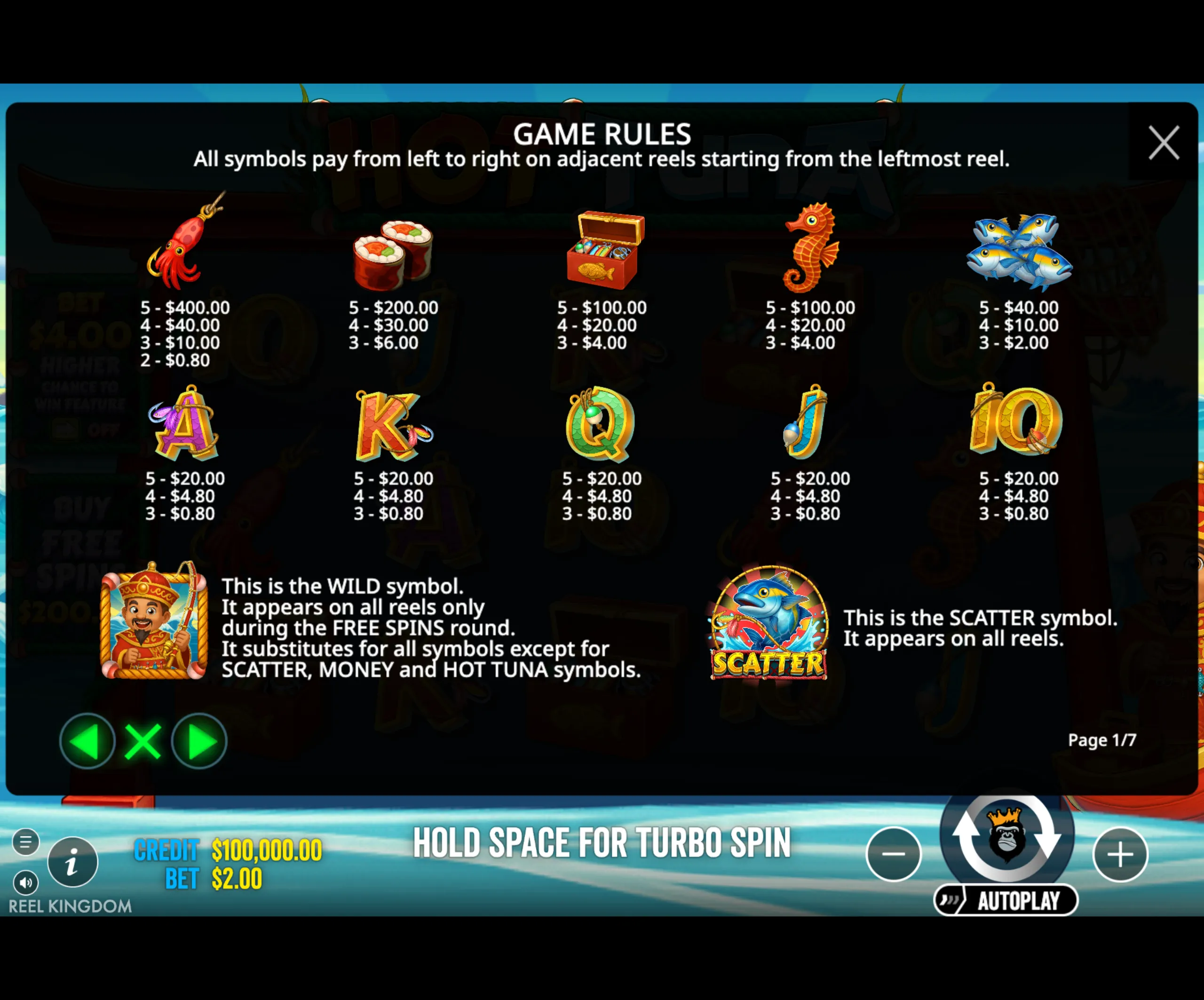Slot game paytable and rules screen for Hot Tuna featuring colorful fishing and sea-themed symbols with payout values and special symbol explanations.
